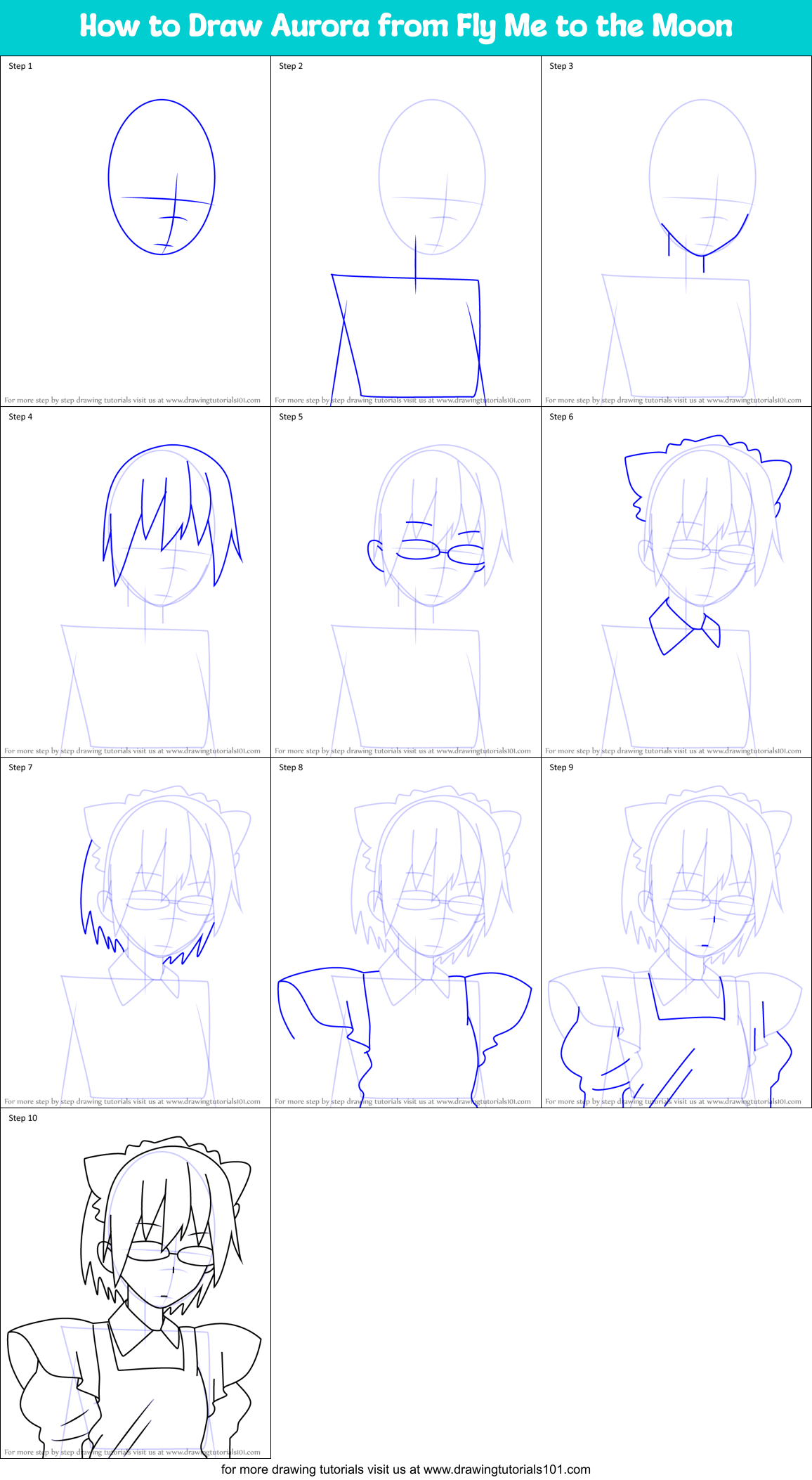 How to Draw Aurora from Fly Me to the Moon Printable Step by Step