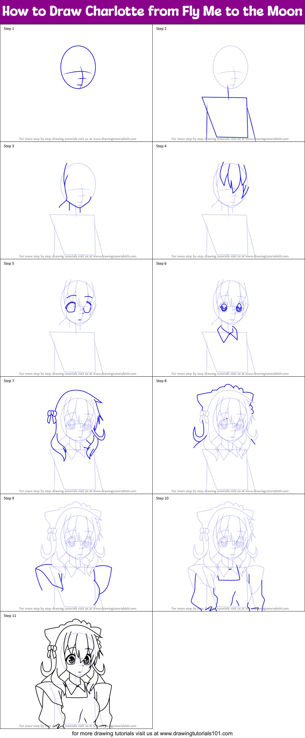 How to Draw Charlotte from Fly Me to the Moon Printable Step by Step