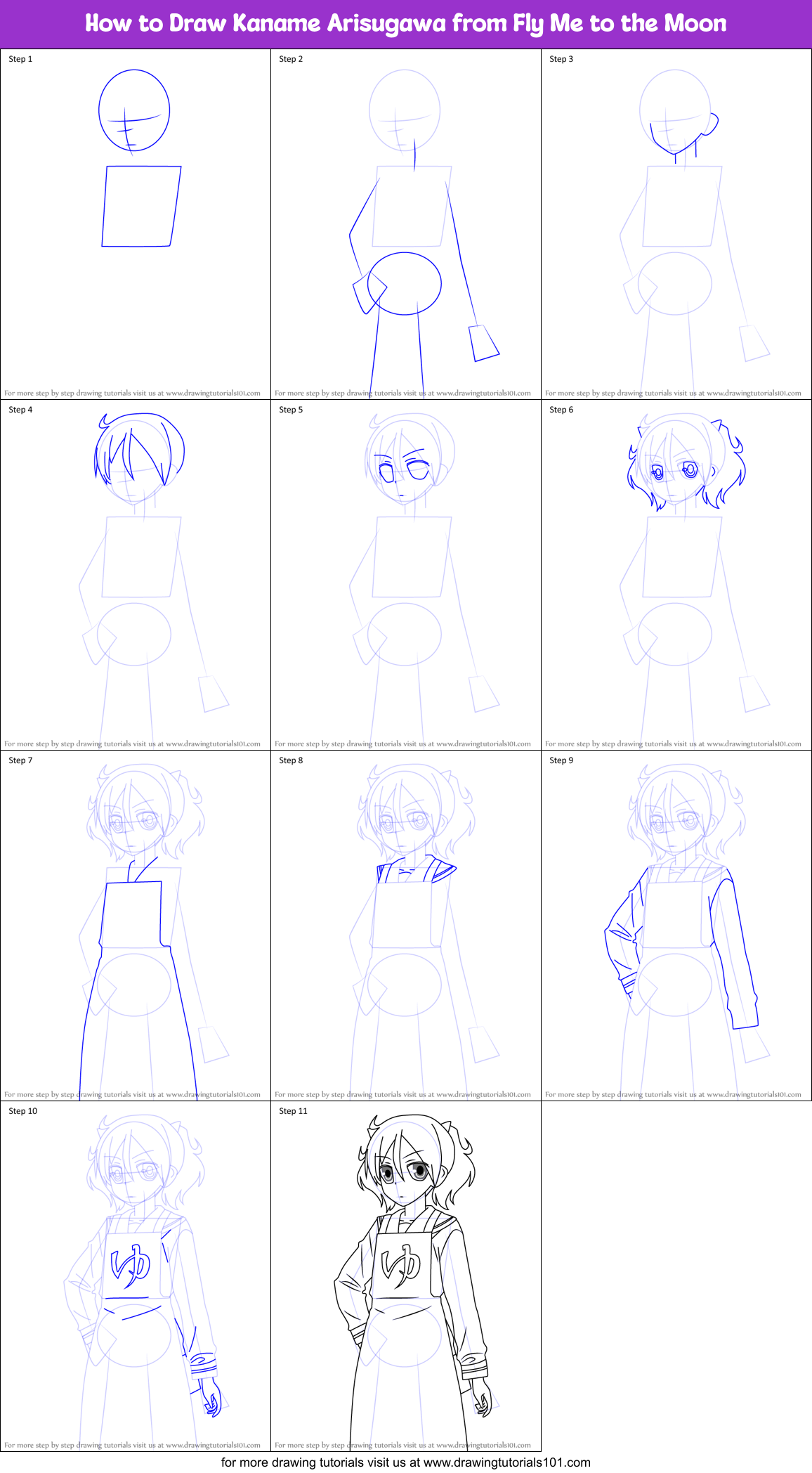 How to Draw Kaname Arisugawa from Fly Me to the Moon Printable Step by Step