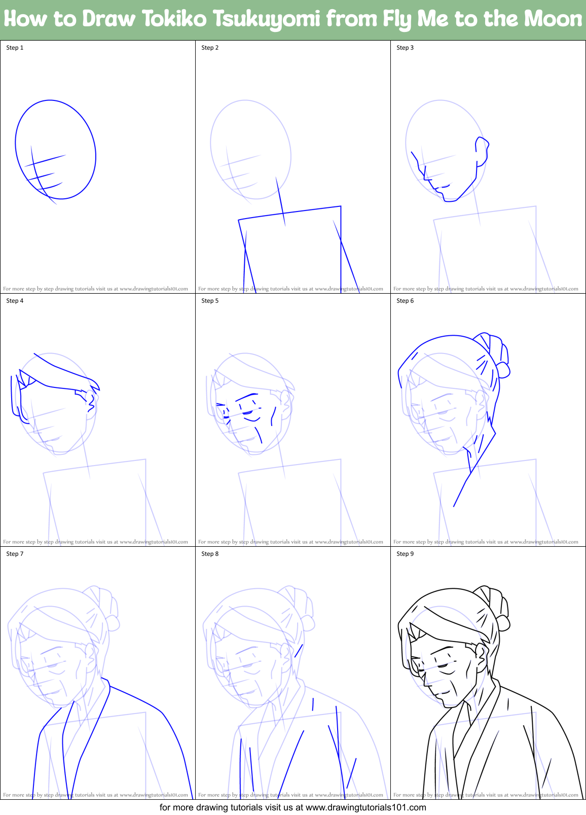How to Draw Tokiko Tsukuyomi from Fly Me to the Moon Printable Step by Step