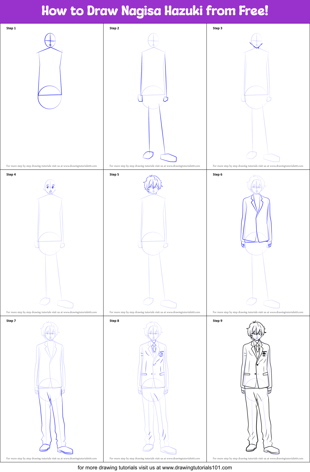How to Draw Nagisa Hazuki from Free! Printable Step by Step