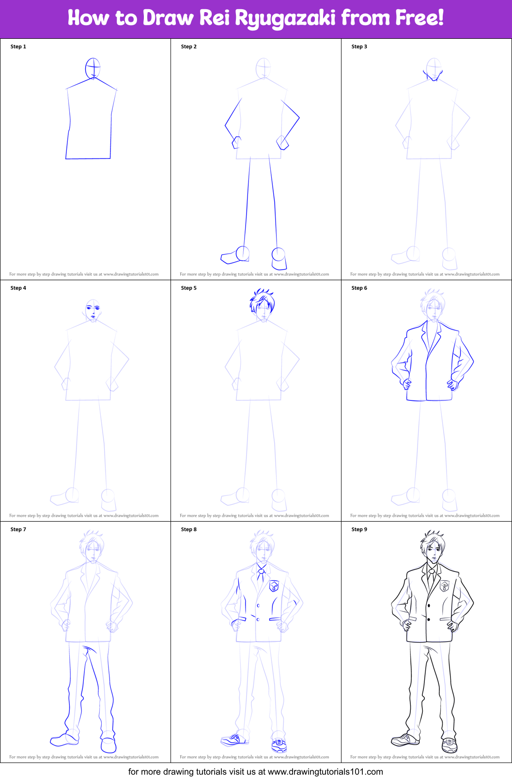 How to Draw Rei Ryugazaki from Free! Printable Step by Step
