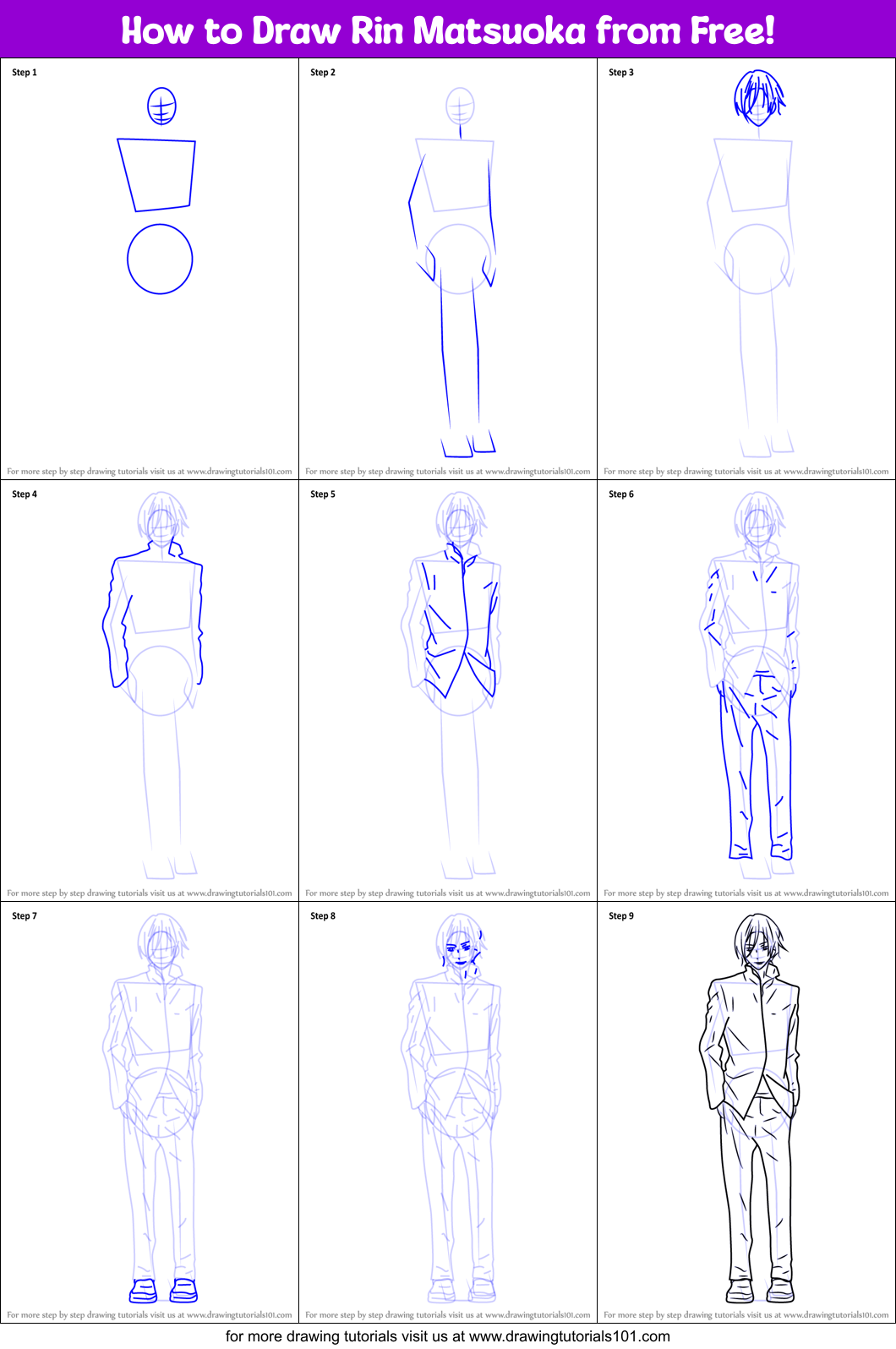 How to Draw Rin Matsuoka from Free! Printable Step by Step