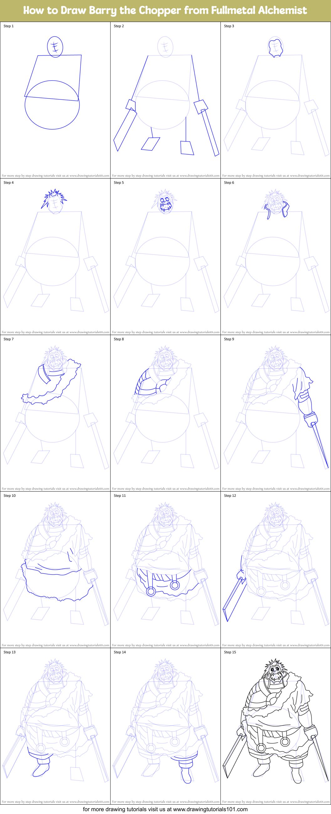 How to Draw Barry the Chopper from Fullmetal Alchemist Printable Step by Step