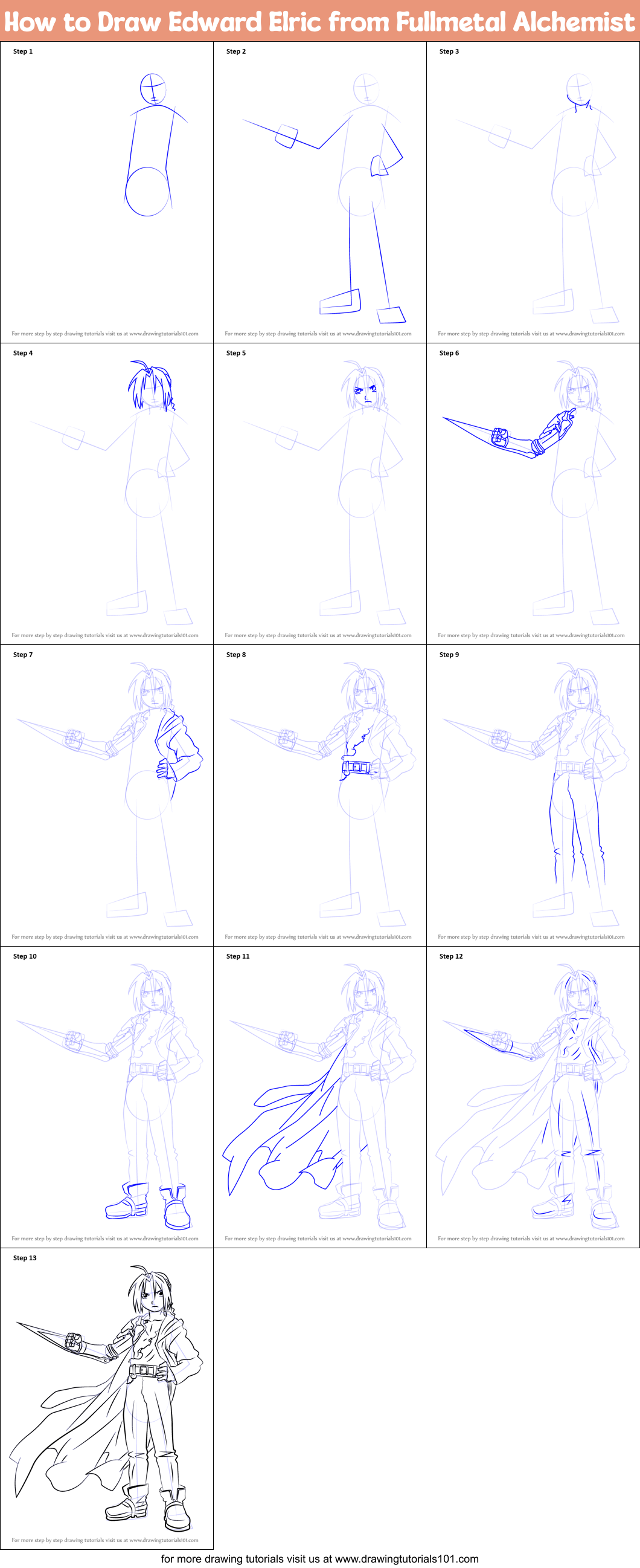 How To Draw Edward Elric From Fullmetal Alchemist Printable Step By Step Drawing Sheet Drawingtutorials101 Com