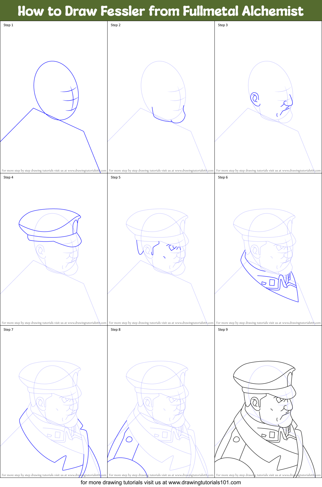 How to Draw Fessler from Fullmetal Alchemist Printable Step by Step