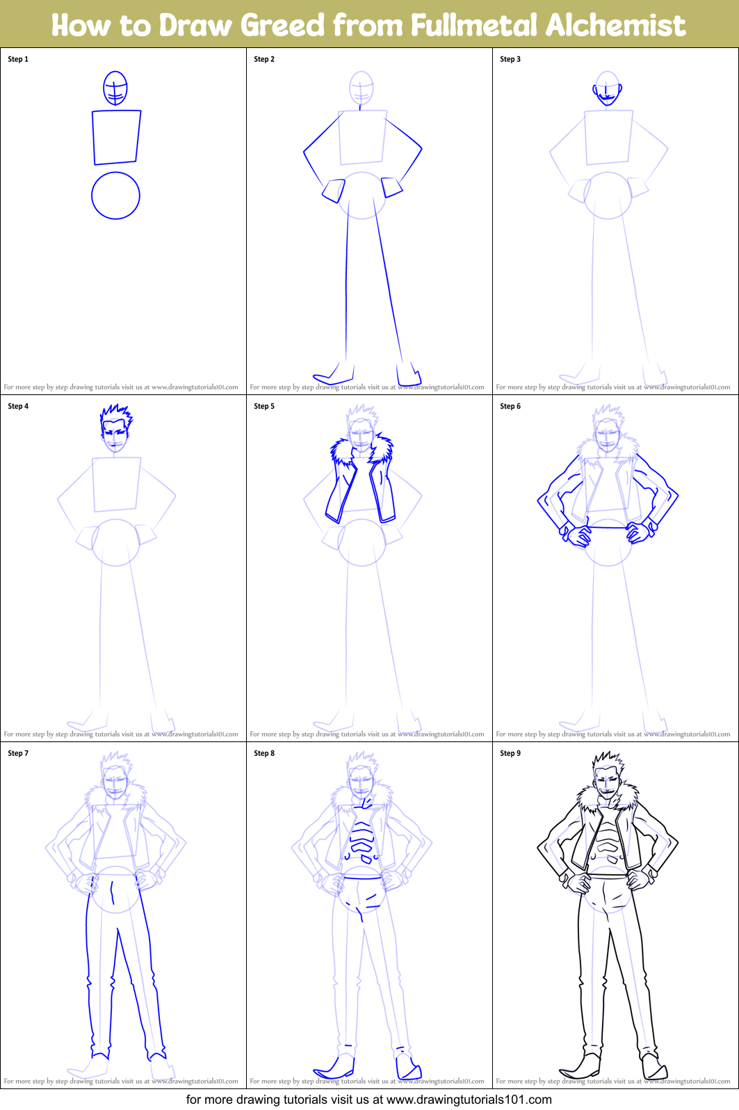 How to Draw Greed from Fullmetal Alchemist Printable Step by Step
