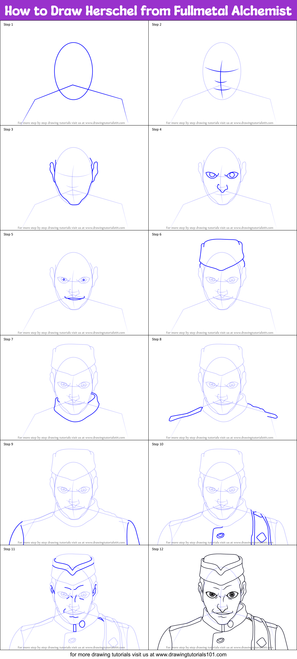How to Draw Herschel from Fullmetal Alchemist Printable Step by Step