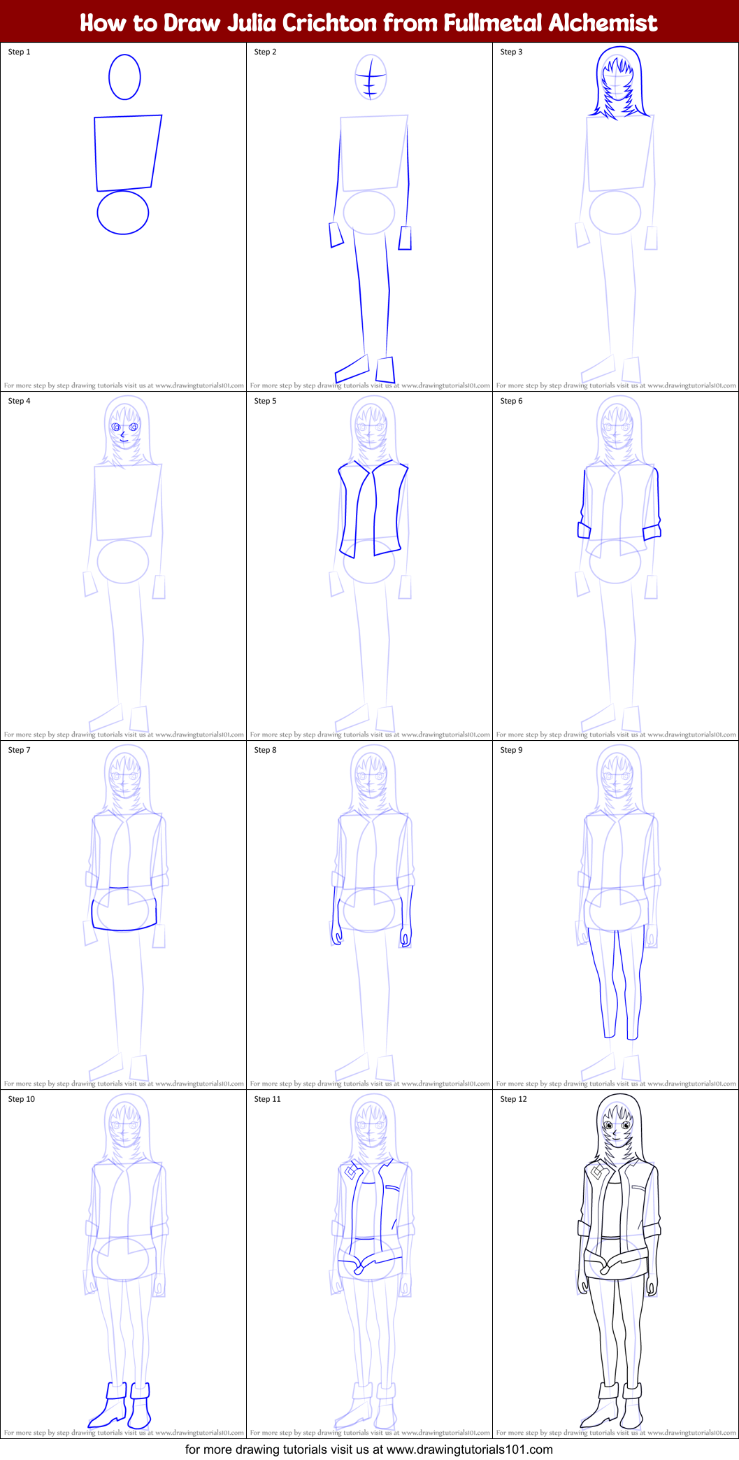 How to Draw Julia Crichton from Fullmetal Alchemist Printable Step by Step