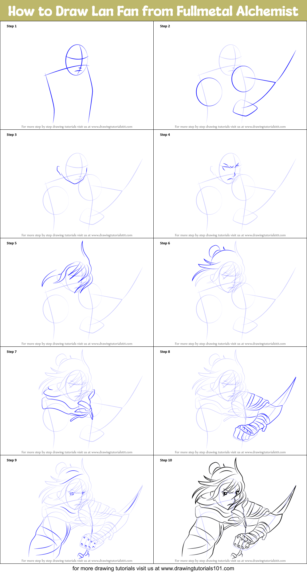How to Draw Lan Fan from Fullmetal Alchemist Printable Step by Step