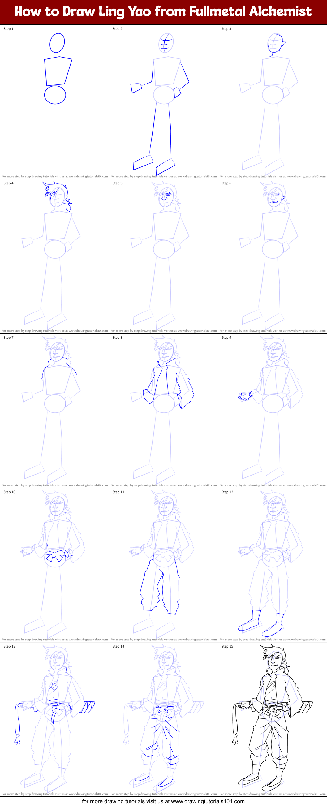 How to Draw Ling Yao from Fullmetal Alchemist Printable Step by Step