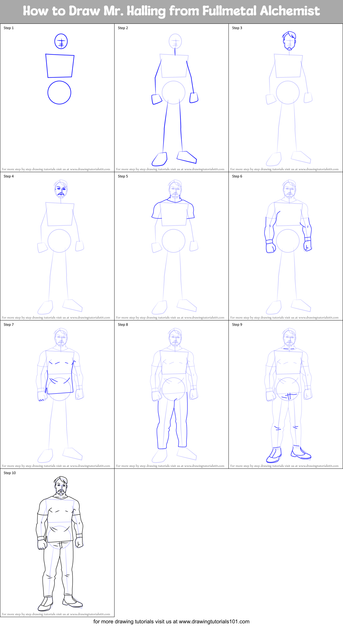 How to Draw Mr. Halling from Fullmetal Alchemist Printable Step by Step