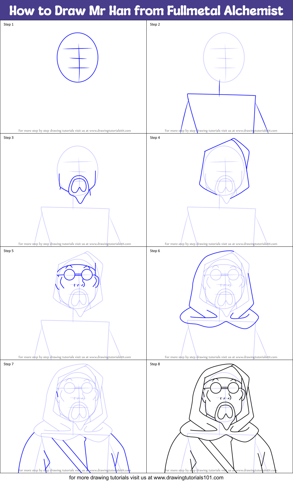 How to Draw Mr Han from Fullmetal Alchemist Printable Step by Step