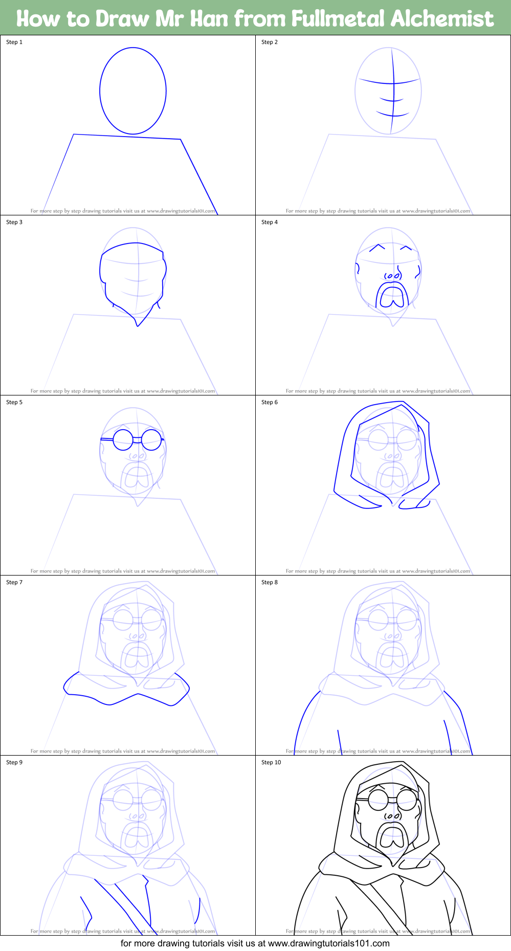 How to Draw Mr Han from Fullmetal Alchemist Printable Step by Step