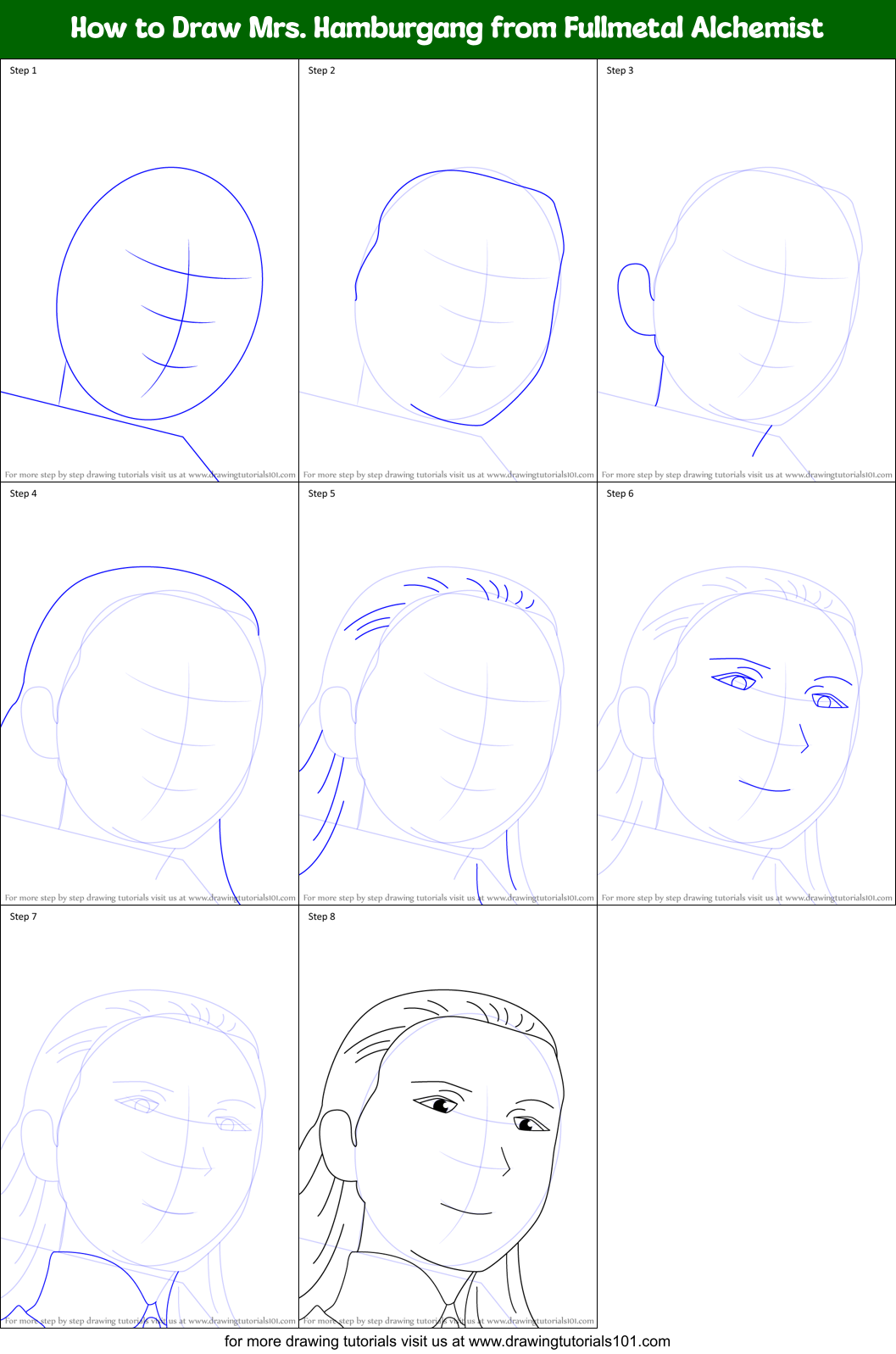 How to Draw Mrs. Hamburgang from Fullmetal Alchemist Printable Step by Step