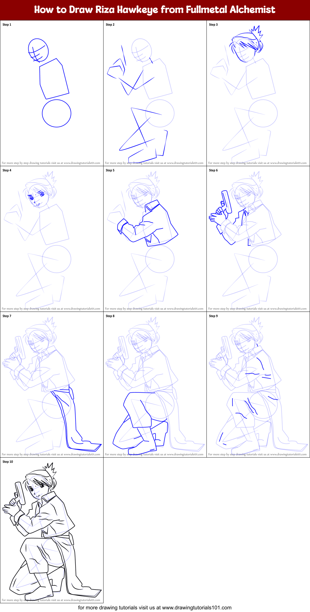 How to Draw Riza Hawkeye from Fullmetal Alchemist Printable Step by Step