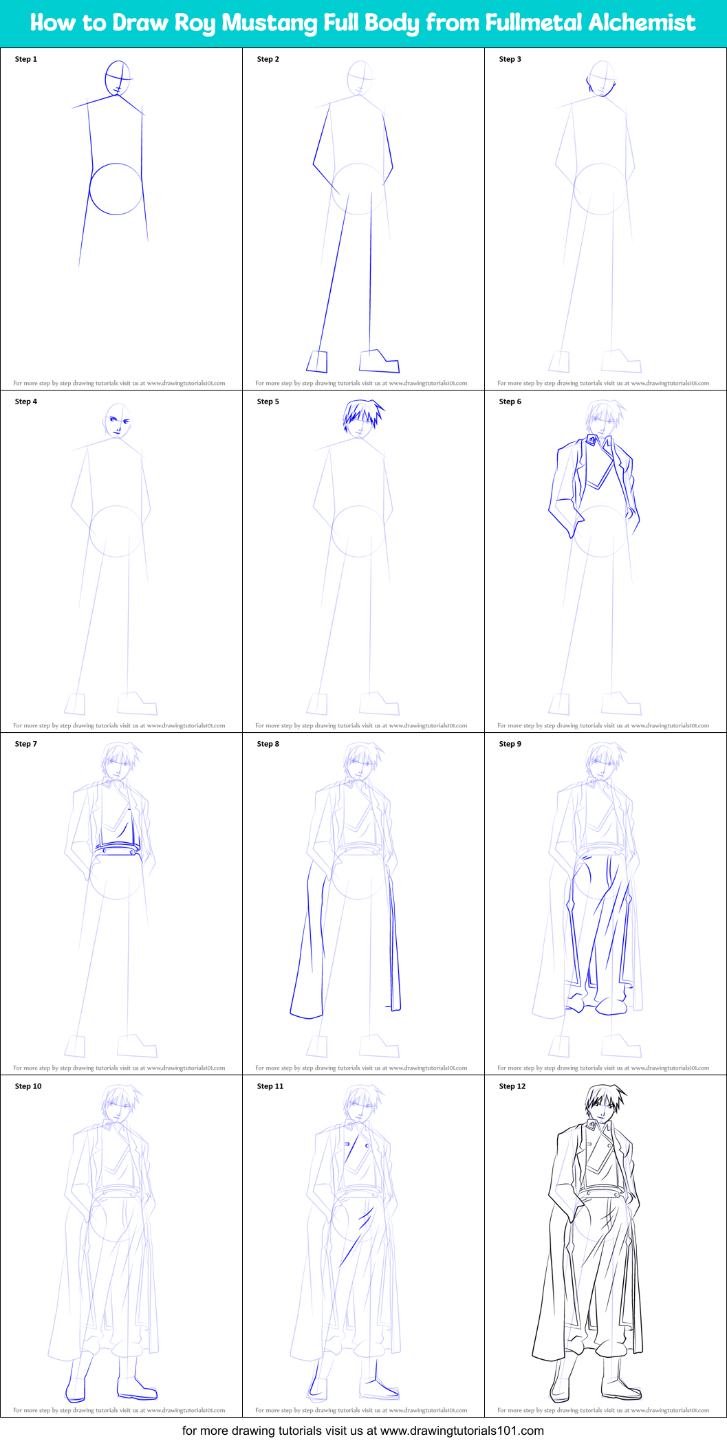 How to Draw Roy Mustang Full Body from Fullmetal Alchemist Printable Step by Step
