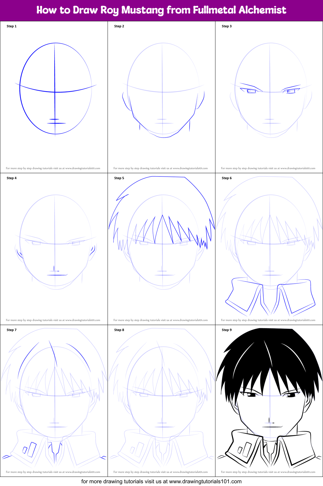 How to Draw Roy Mustang from Fullmetal Alchemist Printable Step by Step