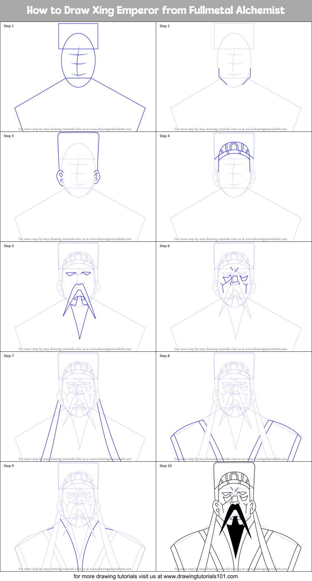 How to Draw Xing Emperor from Fullmetal Alchemist Printable Step by Step