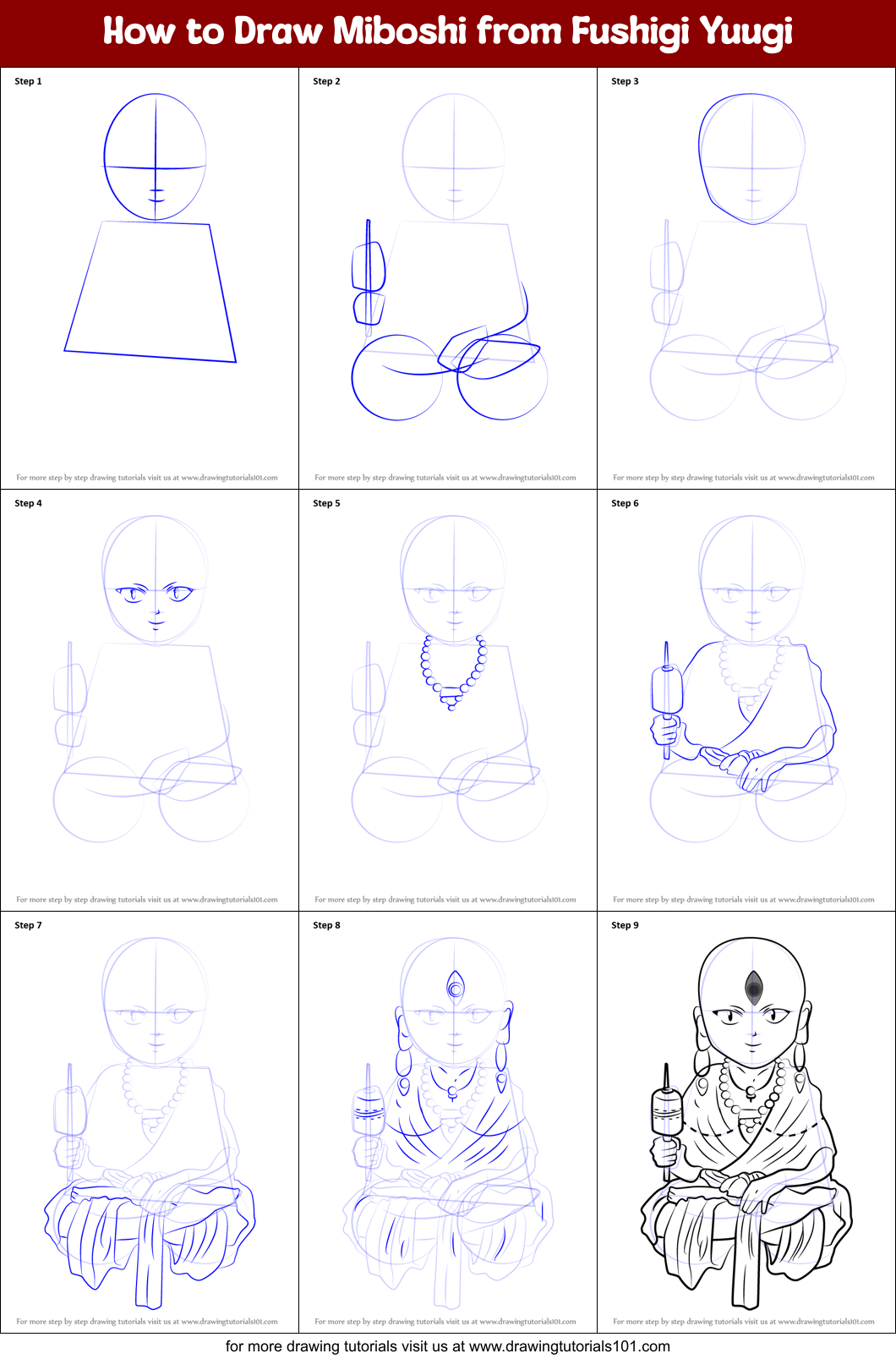 How to Draw Miboshi from Fushigi Yuugi printable step by step drawing ...
