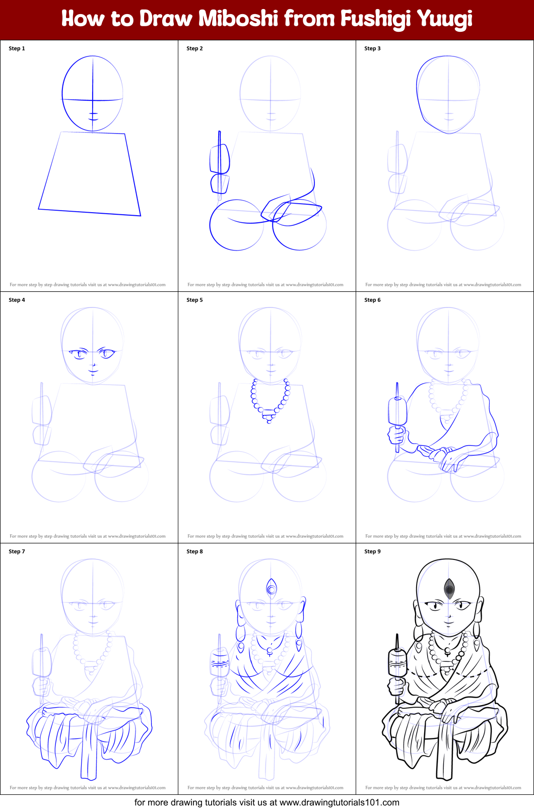How to Draw Miboshi from Fushigi Yuugi Printable Step by Step