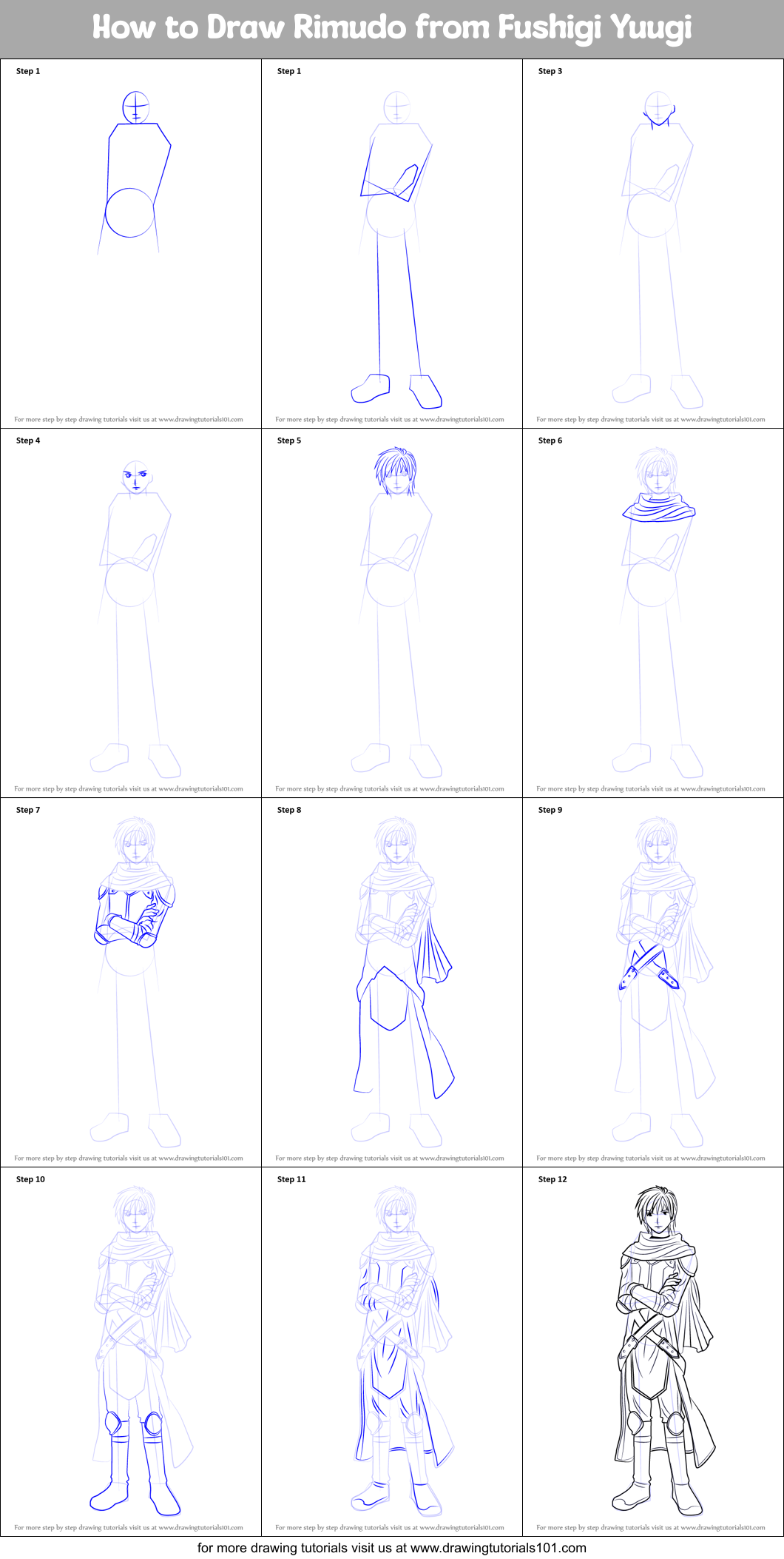 How to Draw Rimudo from Fushigi Yuugi Printable Step by Step