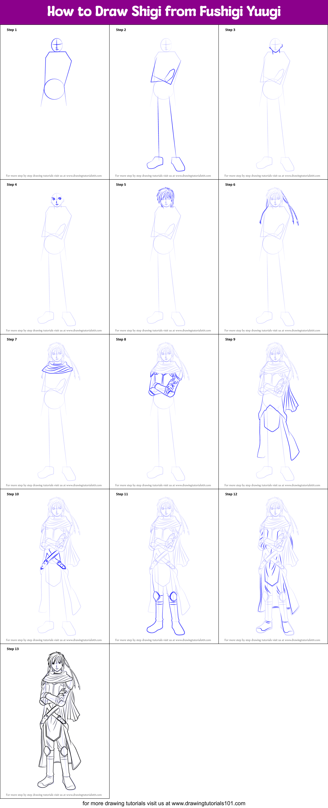 How to Draw Shigi from Fushigi Yuugi Printable Step by Step
