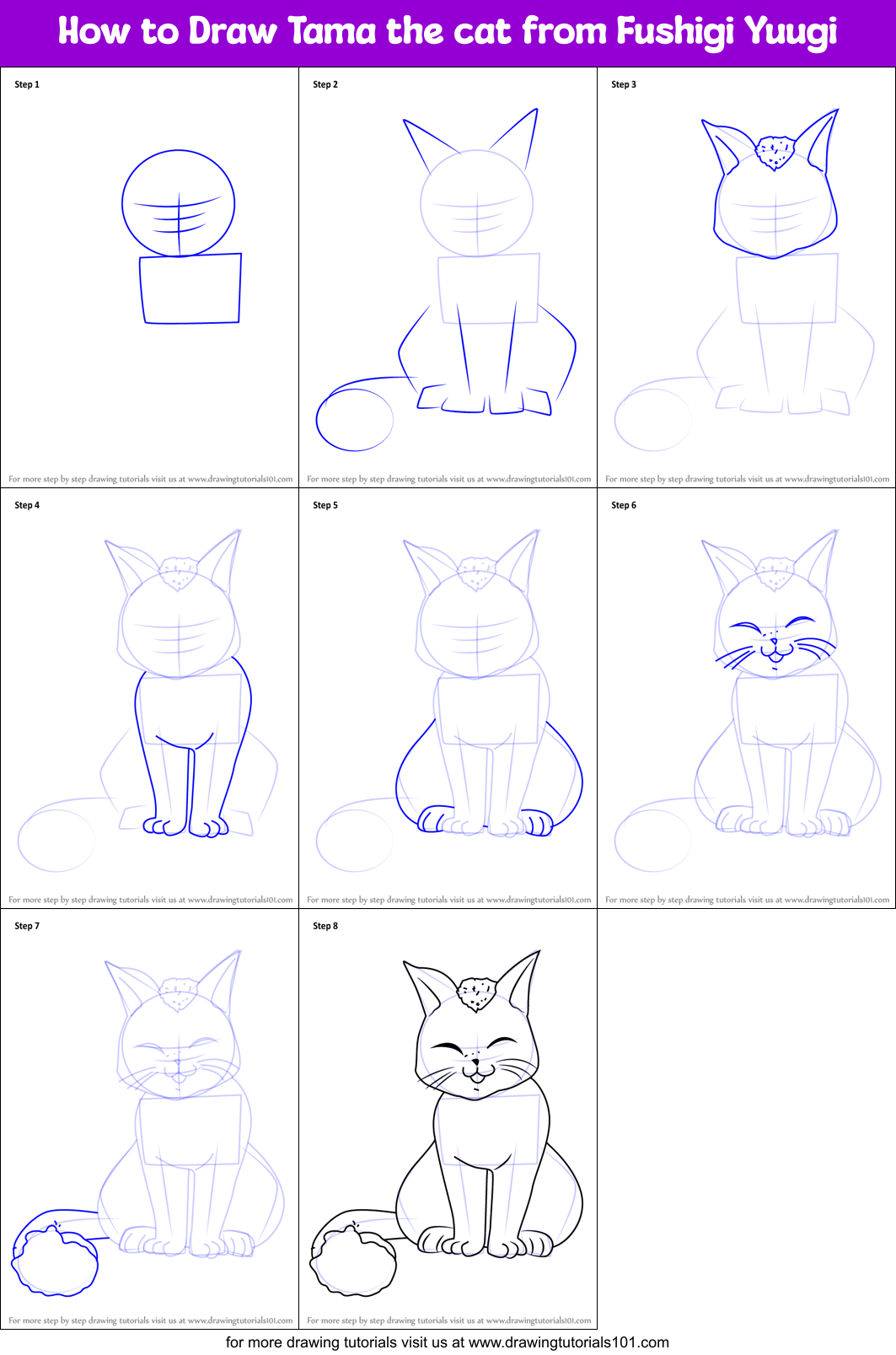 How to Draw Tama the cat from Fushigi Yuugi Printable Step by Step