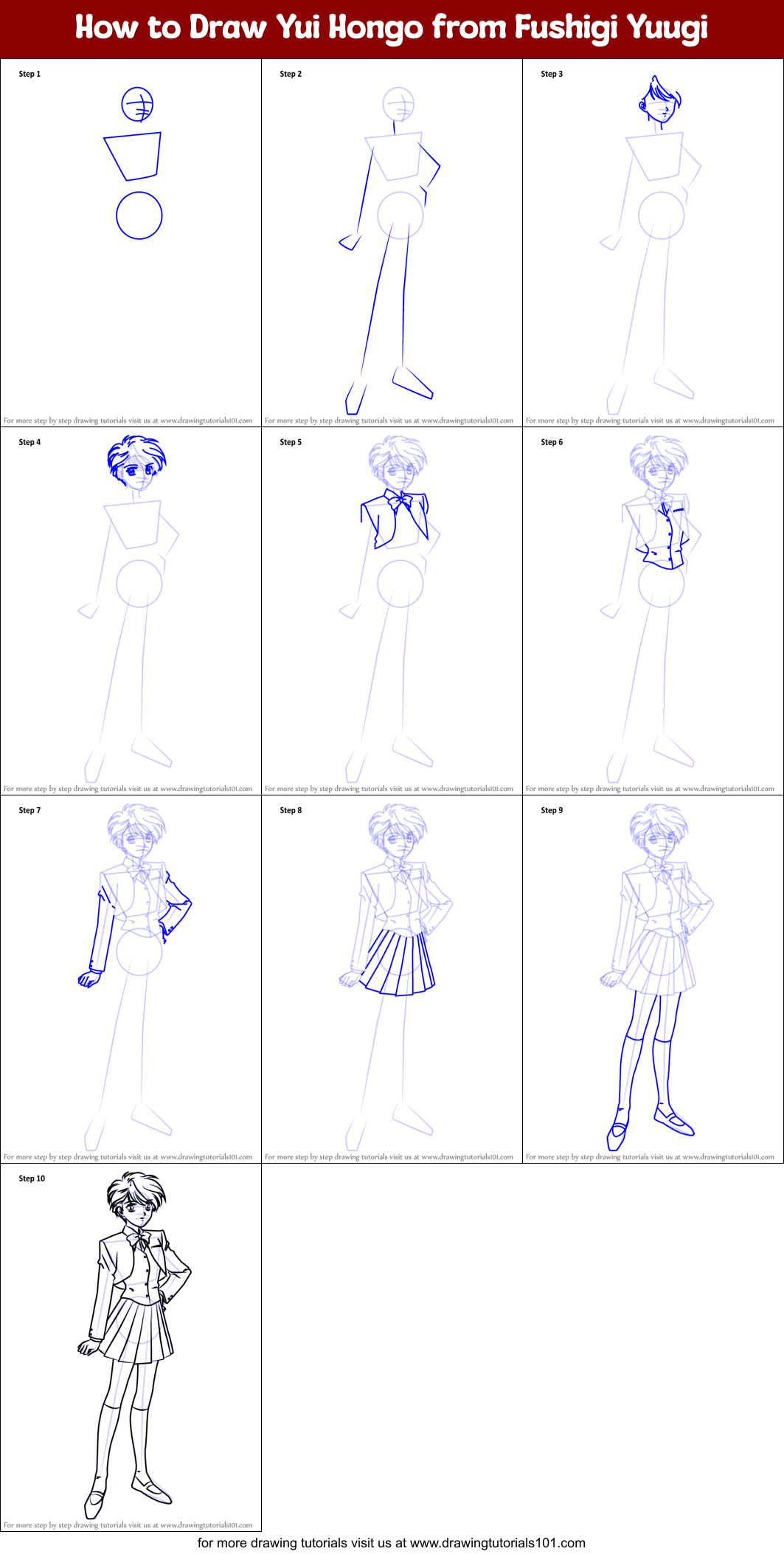 How to Draw Yui Hongo from Fushigi Yuugi Printable Step by Step