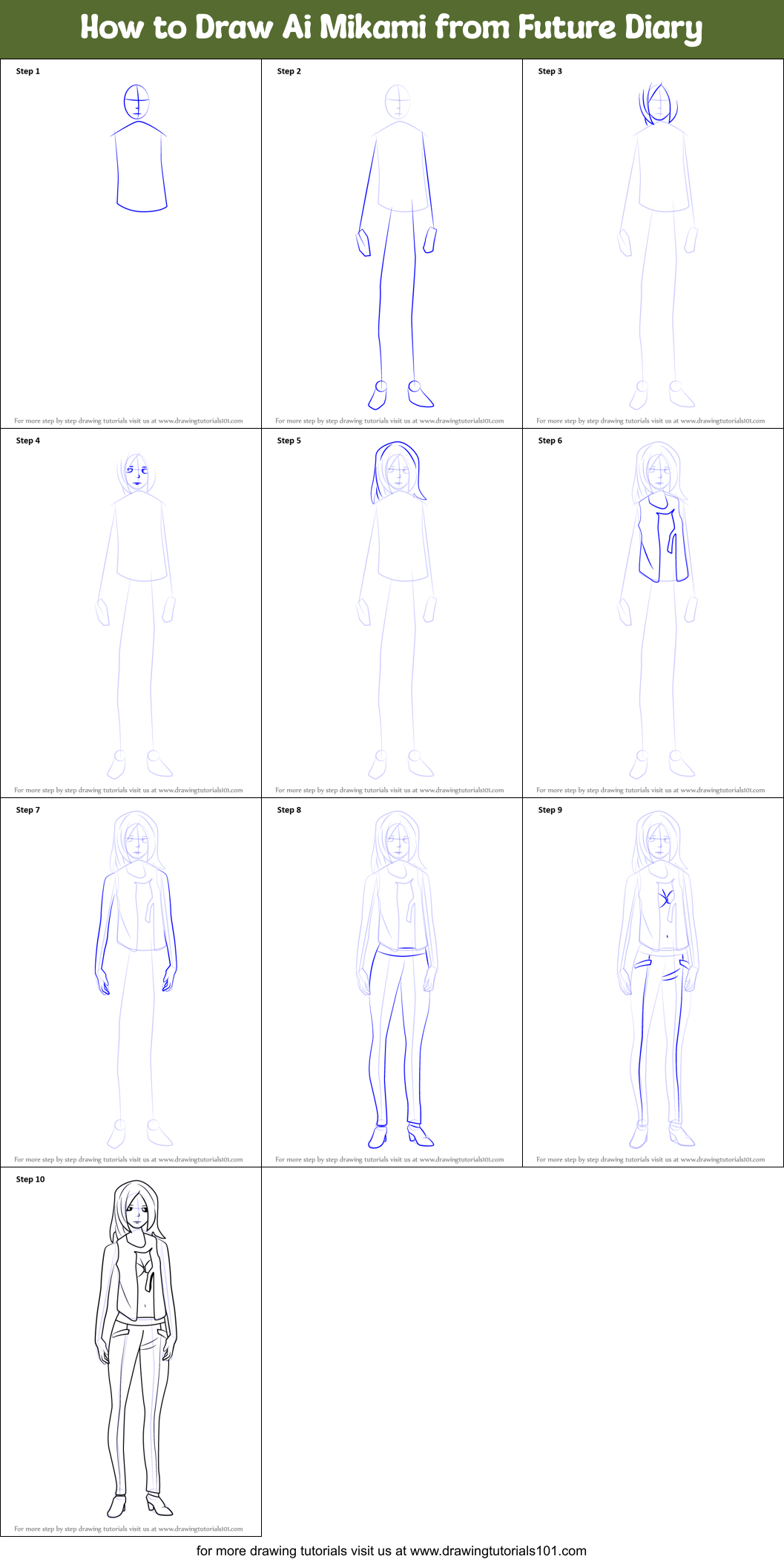 How to Draw Ai Mikami from Future Diary Printable Step by Step