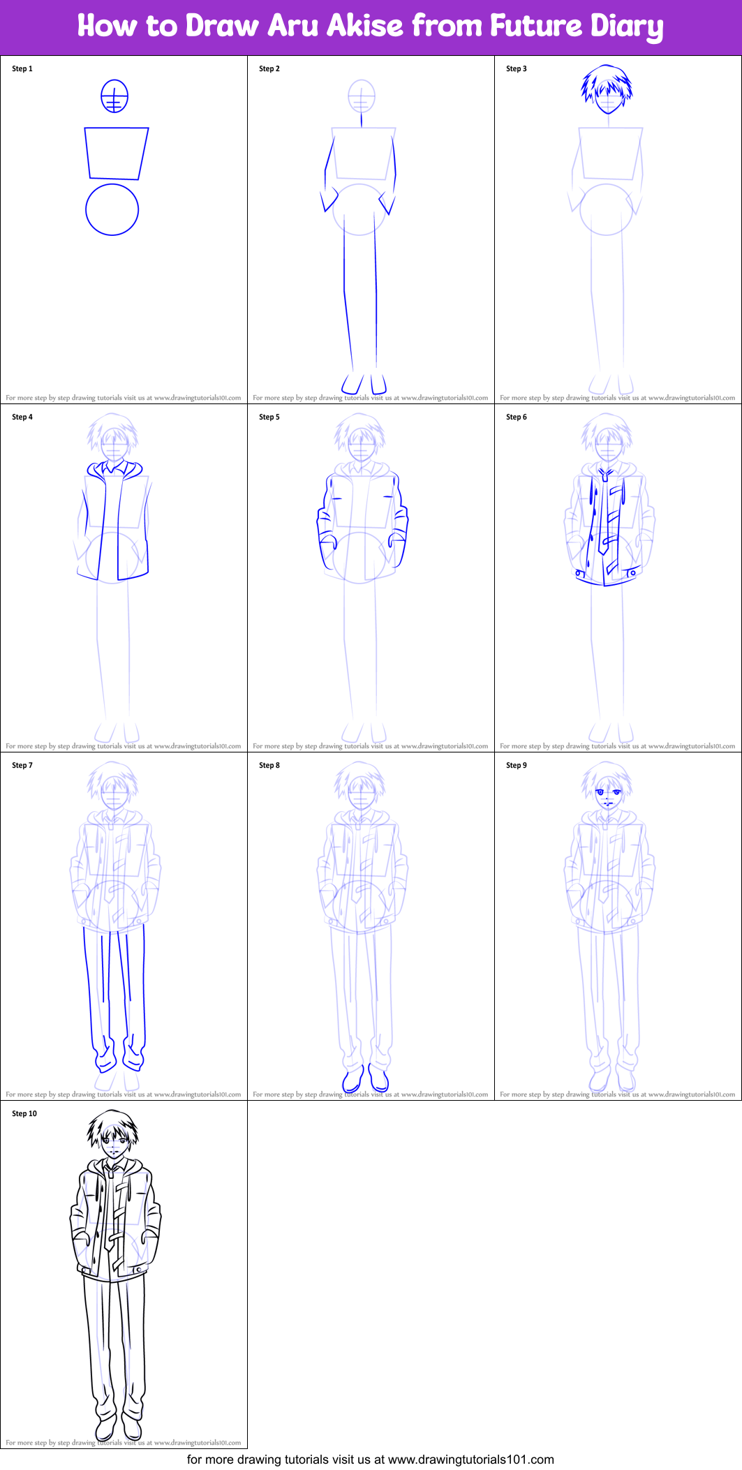 How to Draw Aru Akise from Future Diary Printable Step by Step