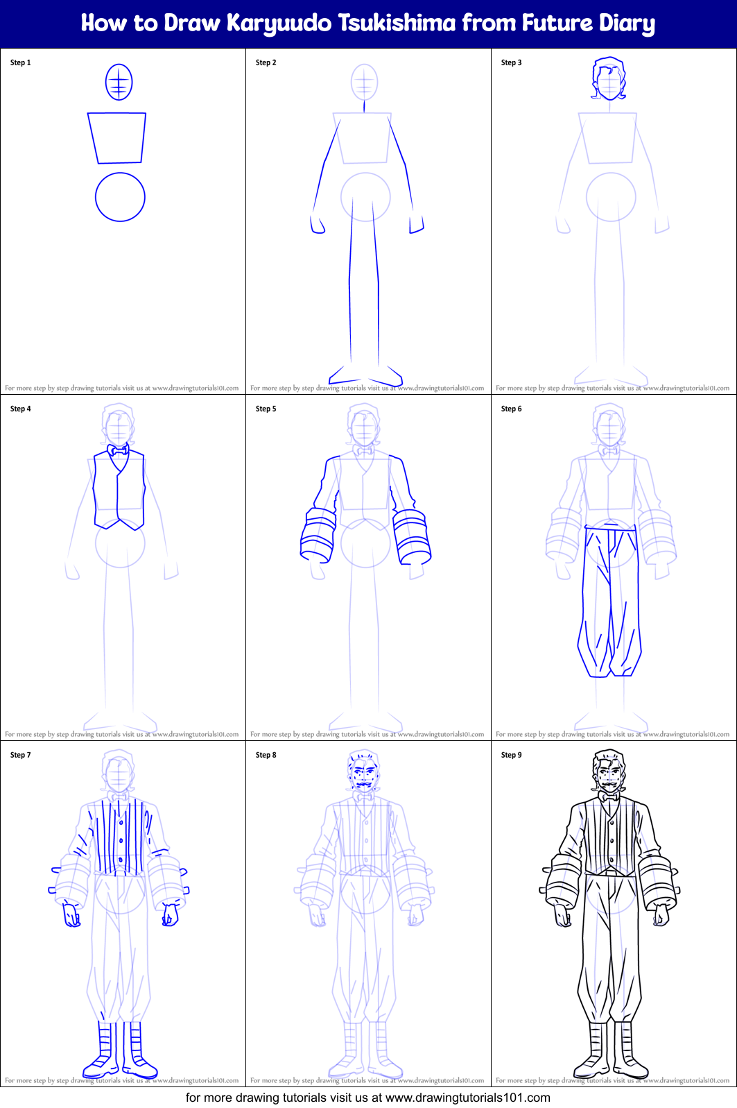 How to Draw Karyuudo Tsukishima from Future Diary Printable Step by Step