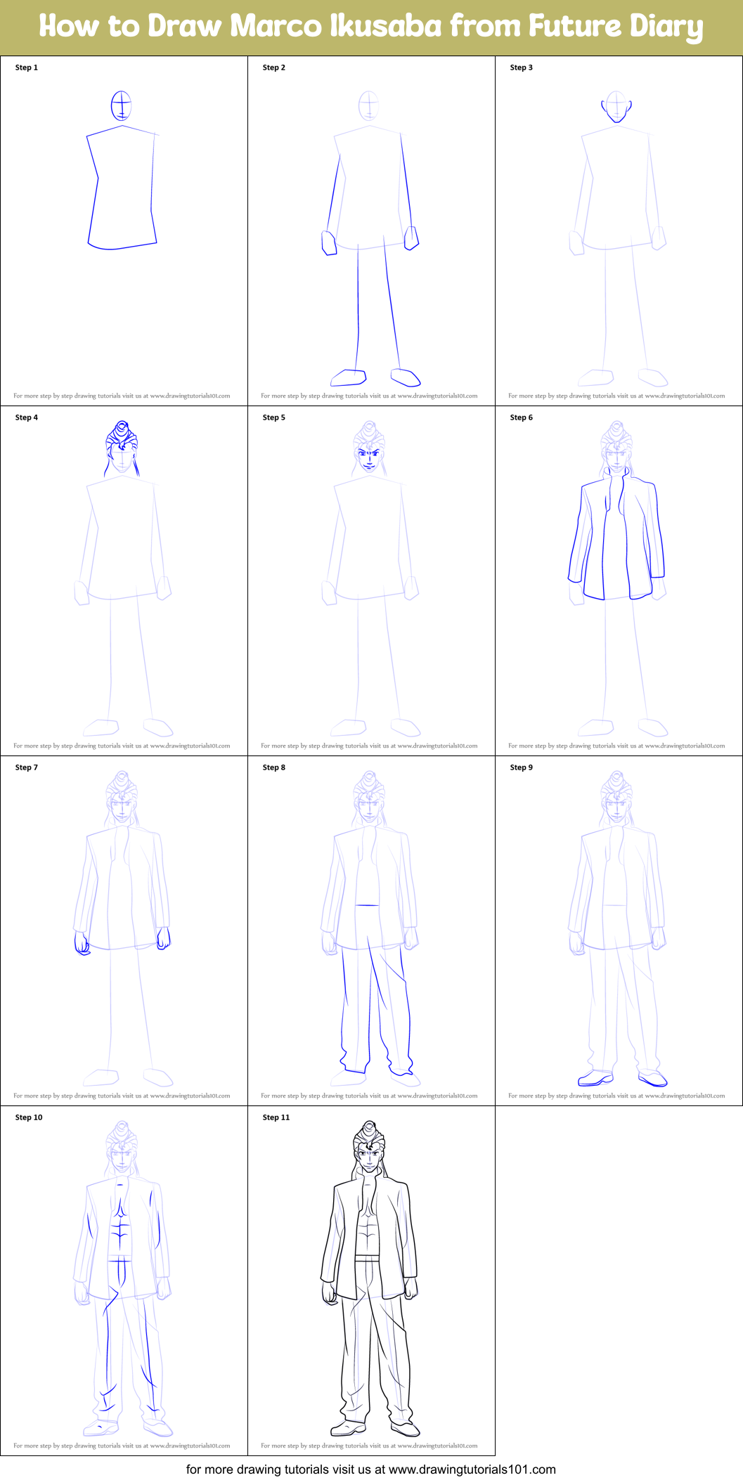 How to Draw Marco Ikusaba from Future Diary Printable Step by Step