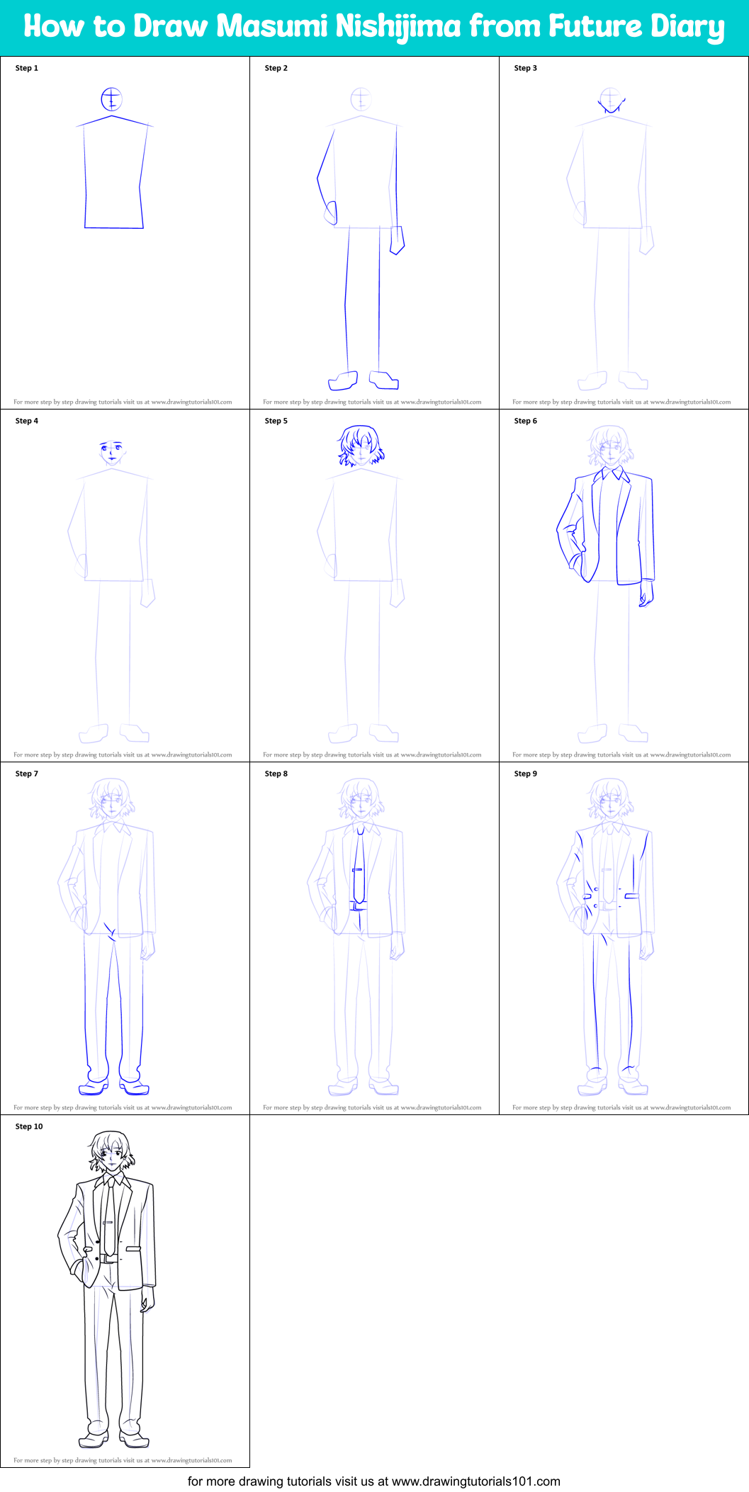How to Draw Masumi Nishijima from Future Diary Printable Step by Step