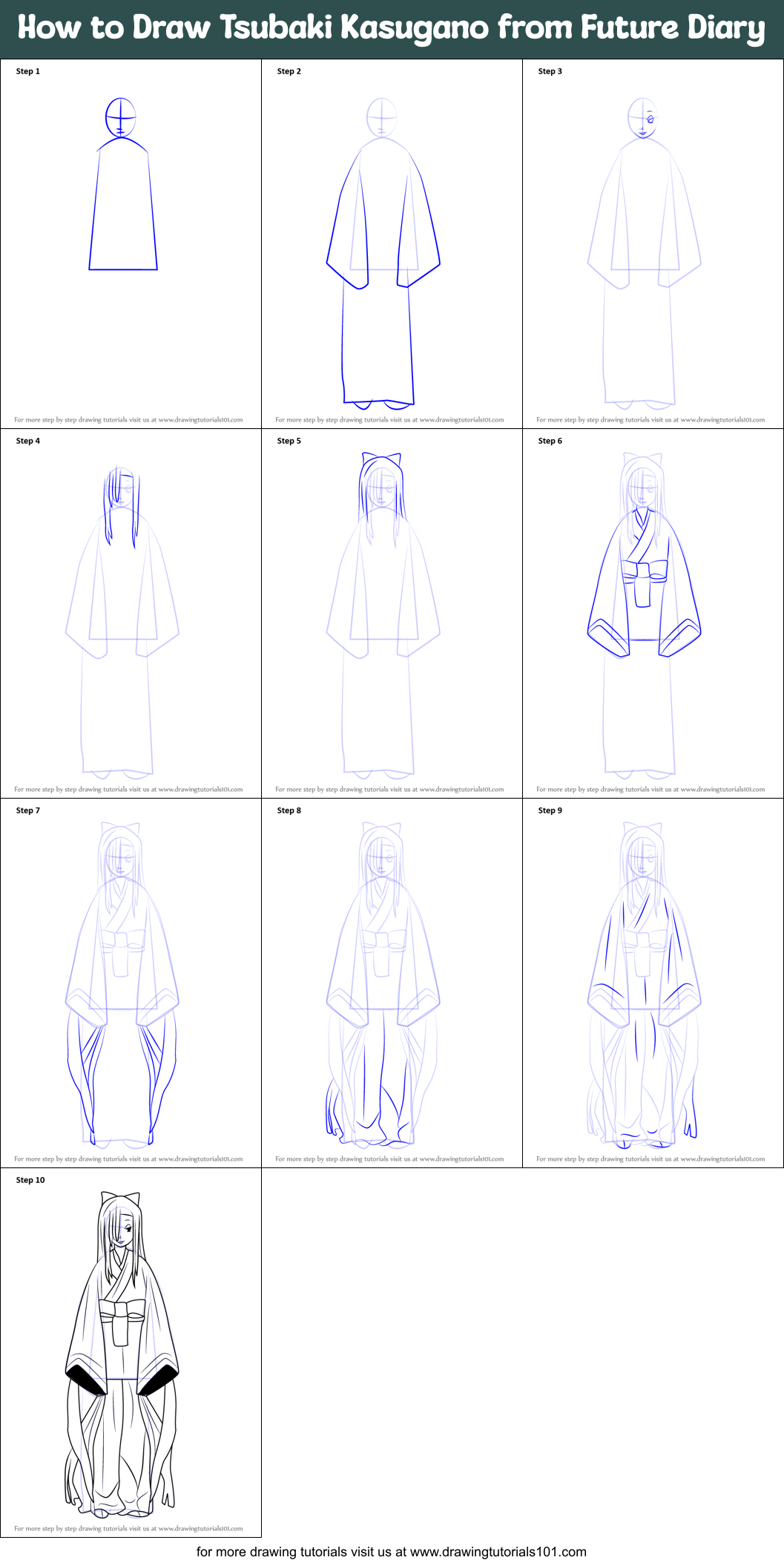 How to Draw Tsubaki Kasugano from Future Diary Printable Step by Step