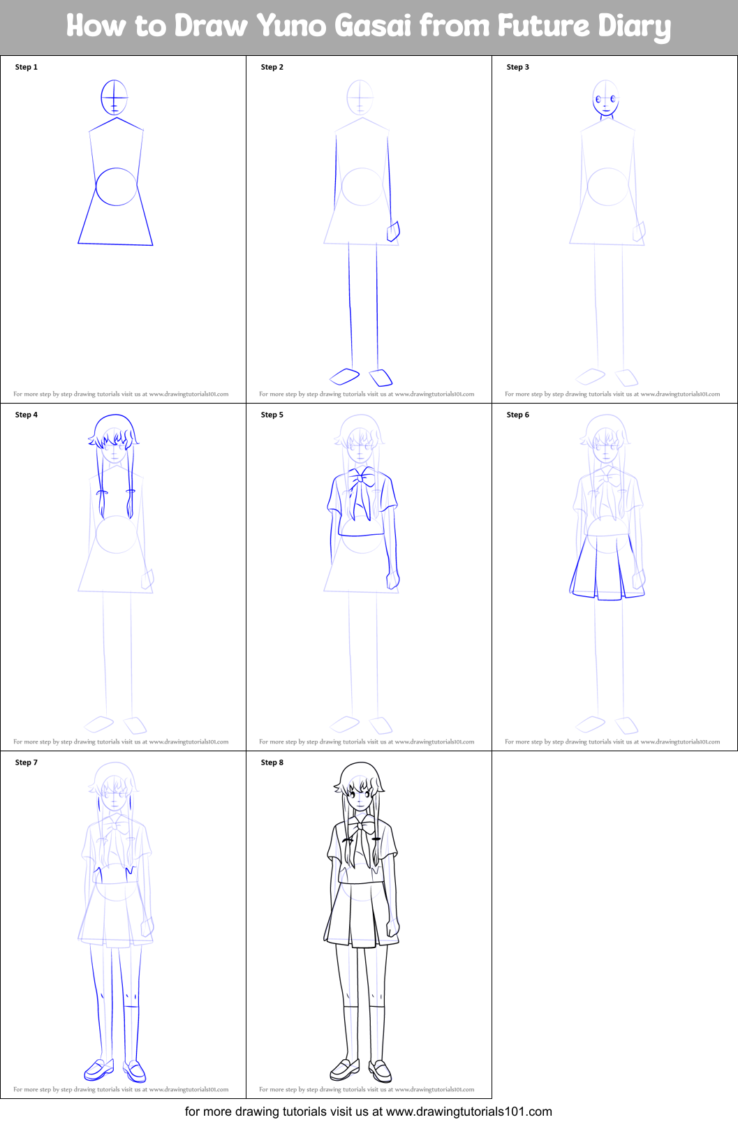 How to Draw Yuno Gasai from Future Diary Printable Step by Step