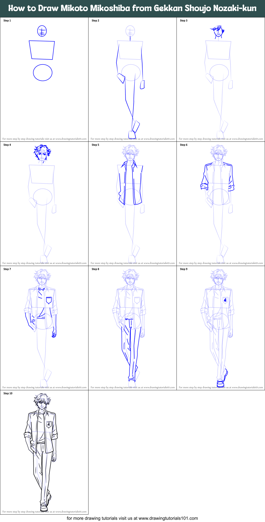 How to Draw Mikoto Mikoshiba from Gekkan Shoujo Nozaki-kun Printable Step by Step