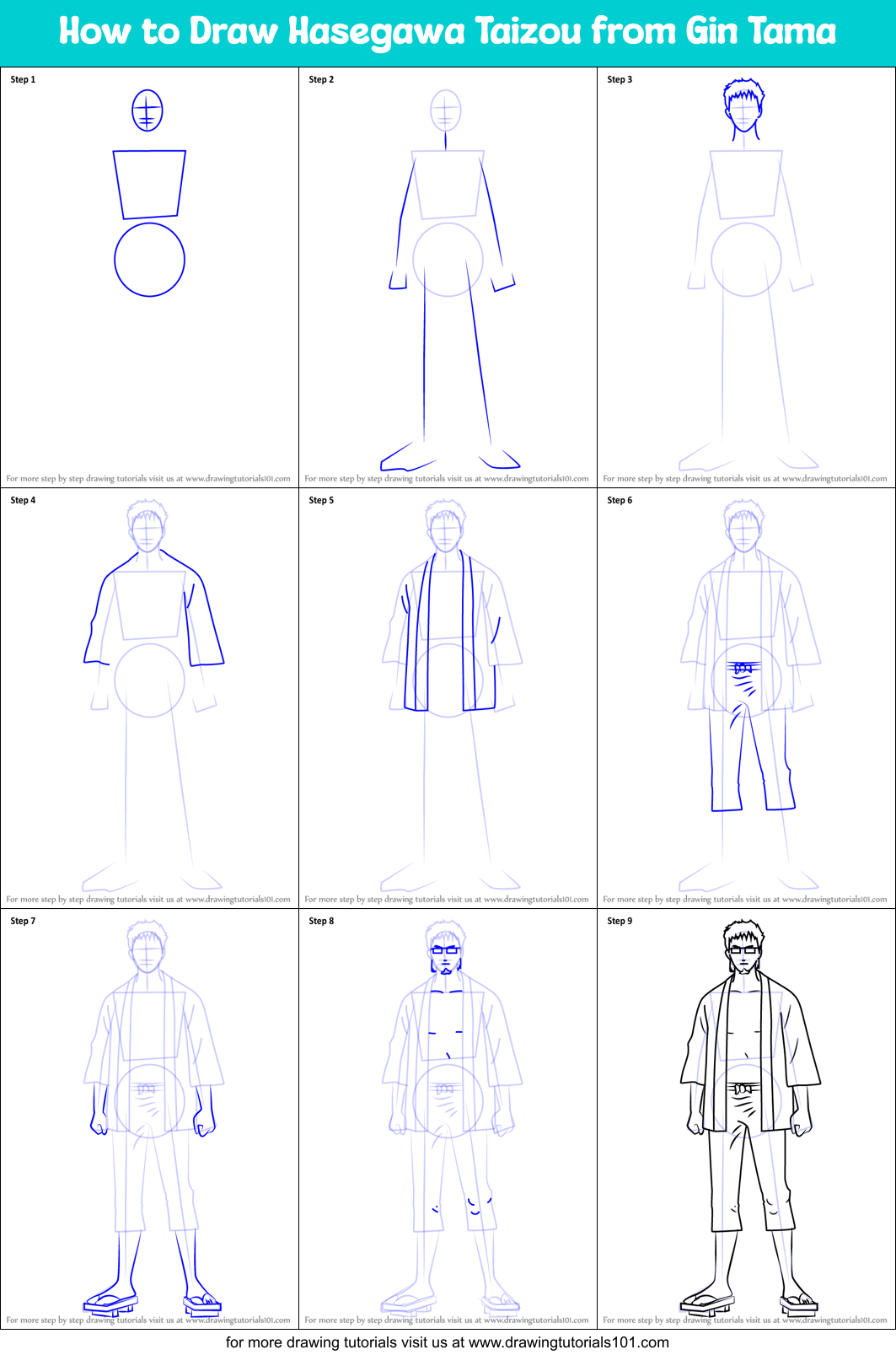 How to Draw Hasegawa Taizou from Gin Tama Printable Step by Step