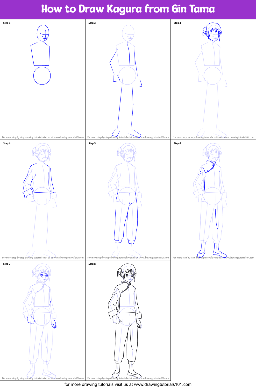 How to Draw Kagura from Gin Tama Printable Step by Step