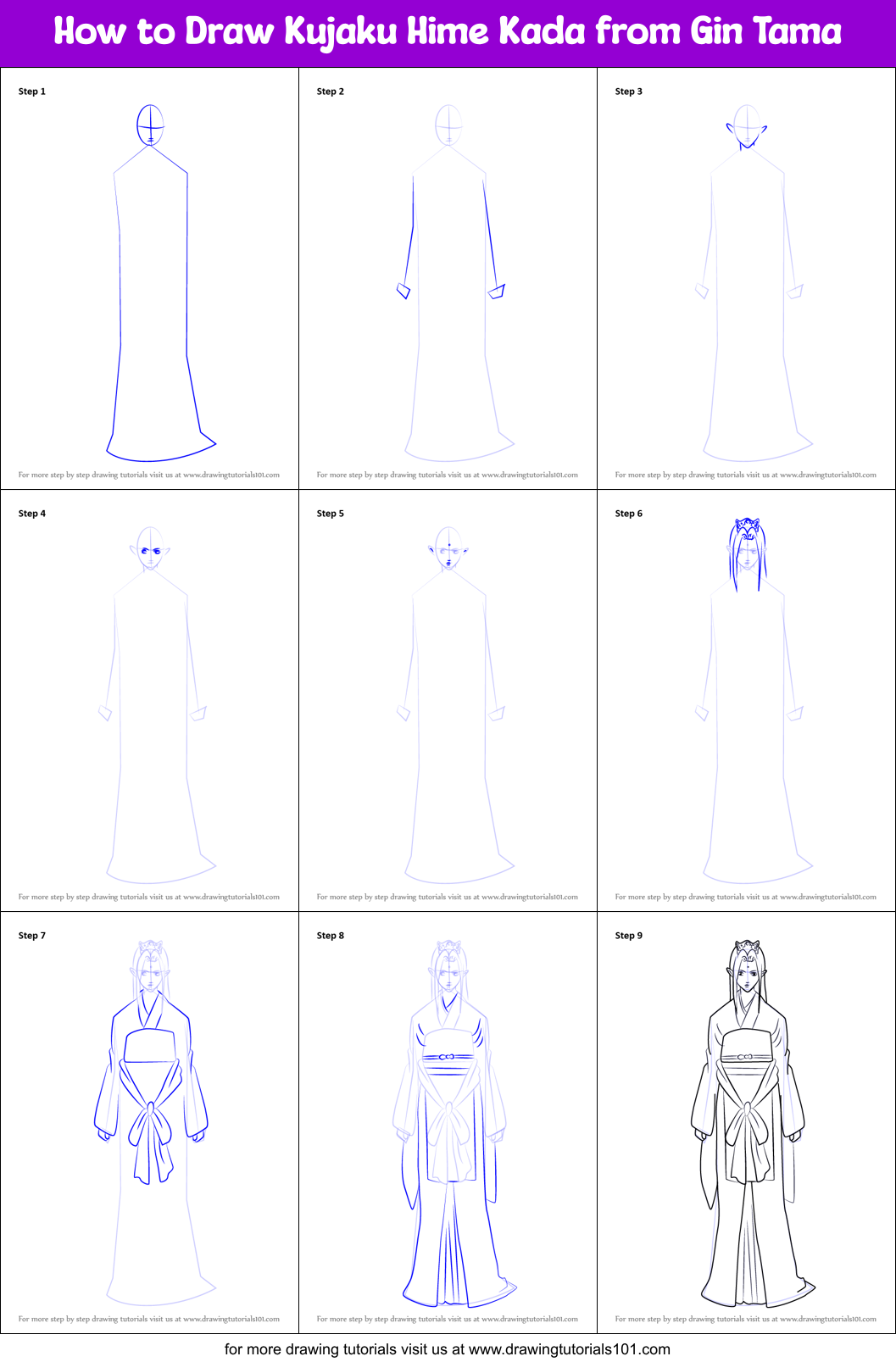 How to Draw Kujaku Hime Kada from Gin Tama Printable Step by Step