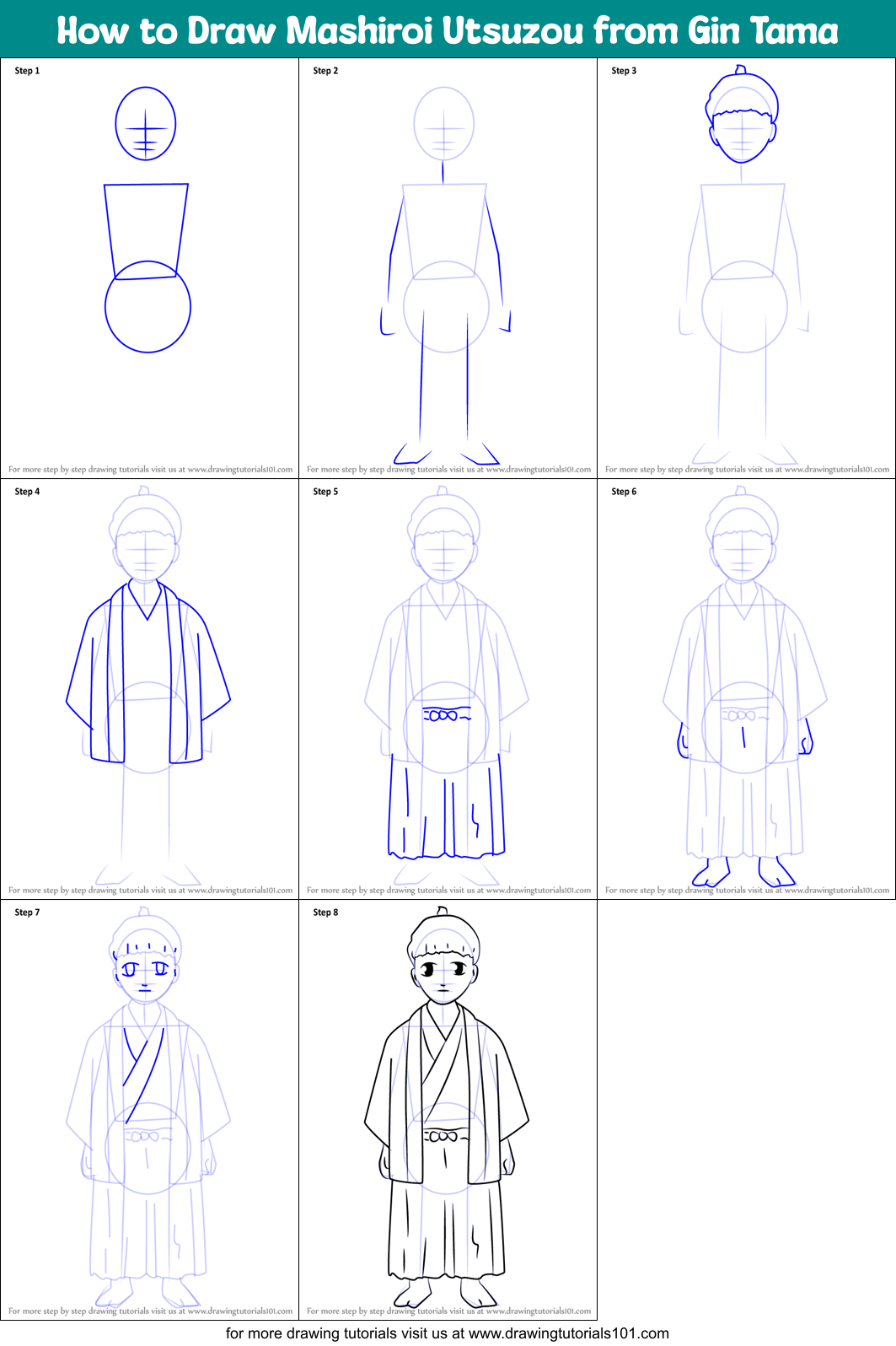How to Draw Mashiroi Utsuzou from Gin Tama Printable Step by Step