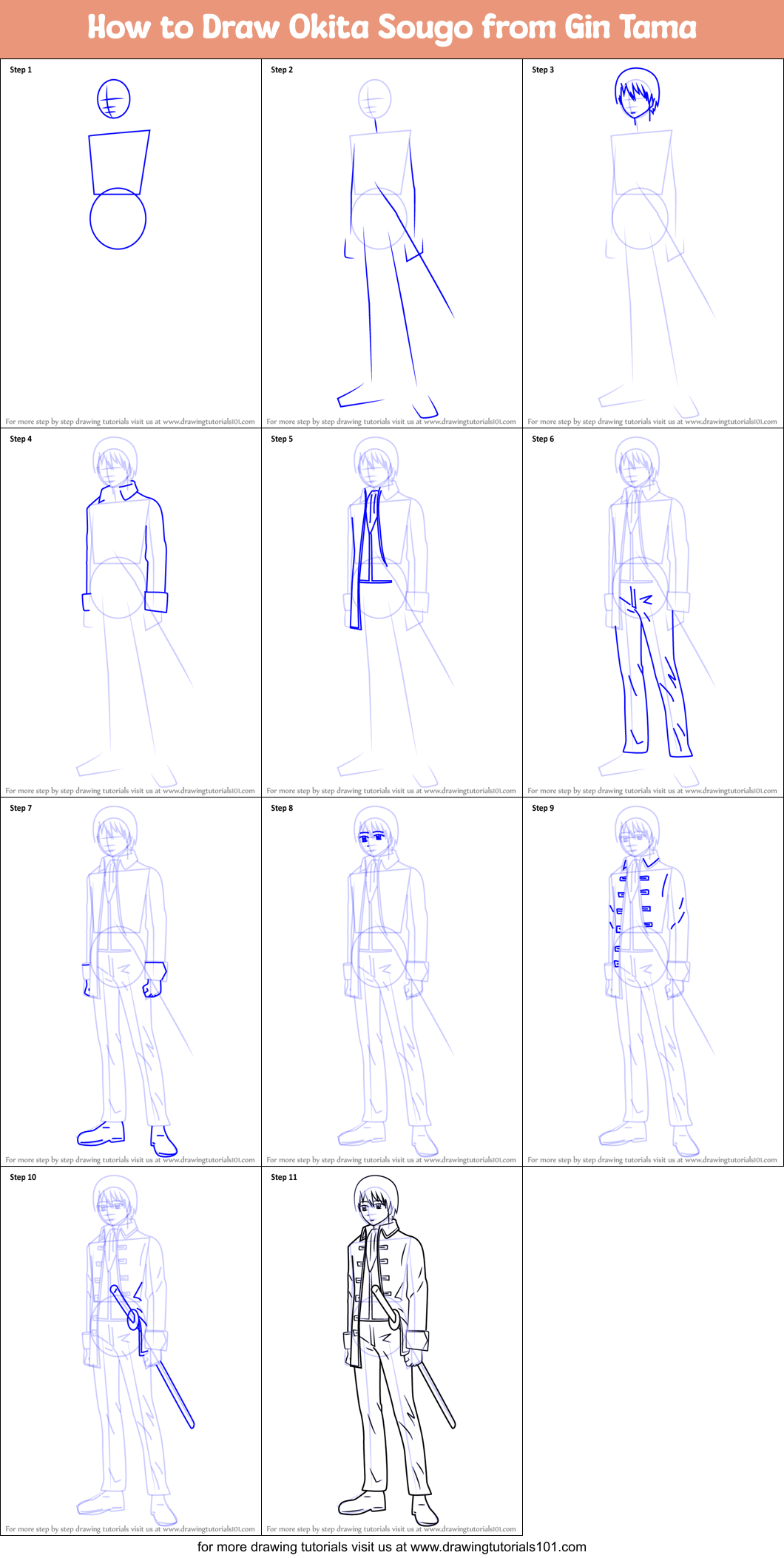 How to Draw Okita Sougo from Gin Tama Printable Step by Step