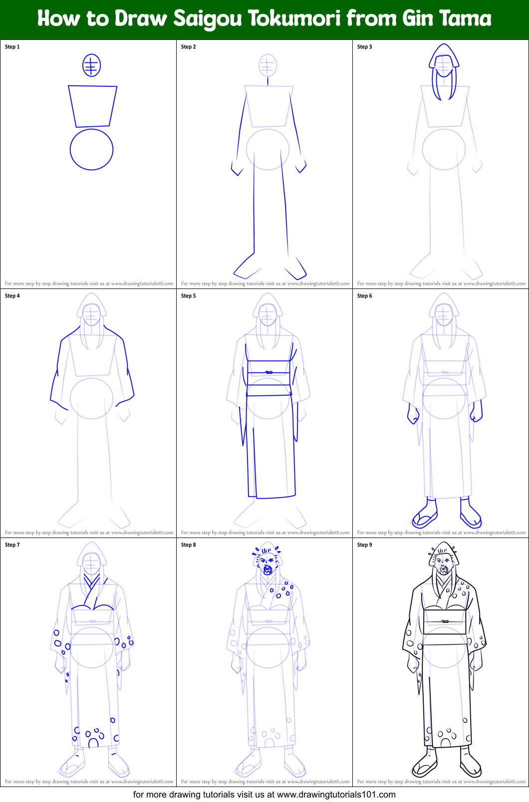 How to Draw Saigou Tokumori from Gin Tama Printable Step by Step