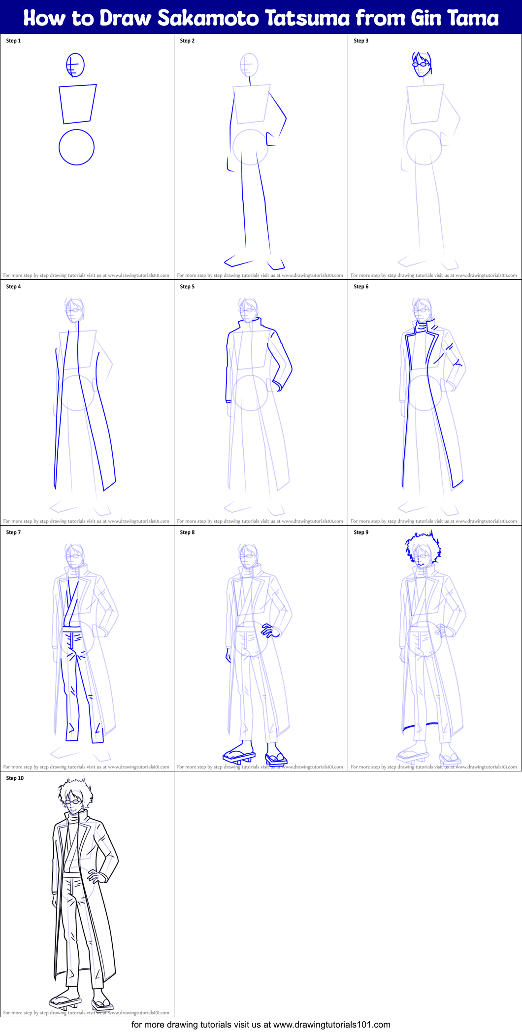 How to Draw Sakamoto Tatsuma from Gin Tama Printable Step by Step