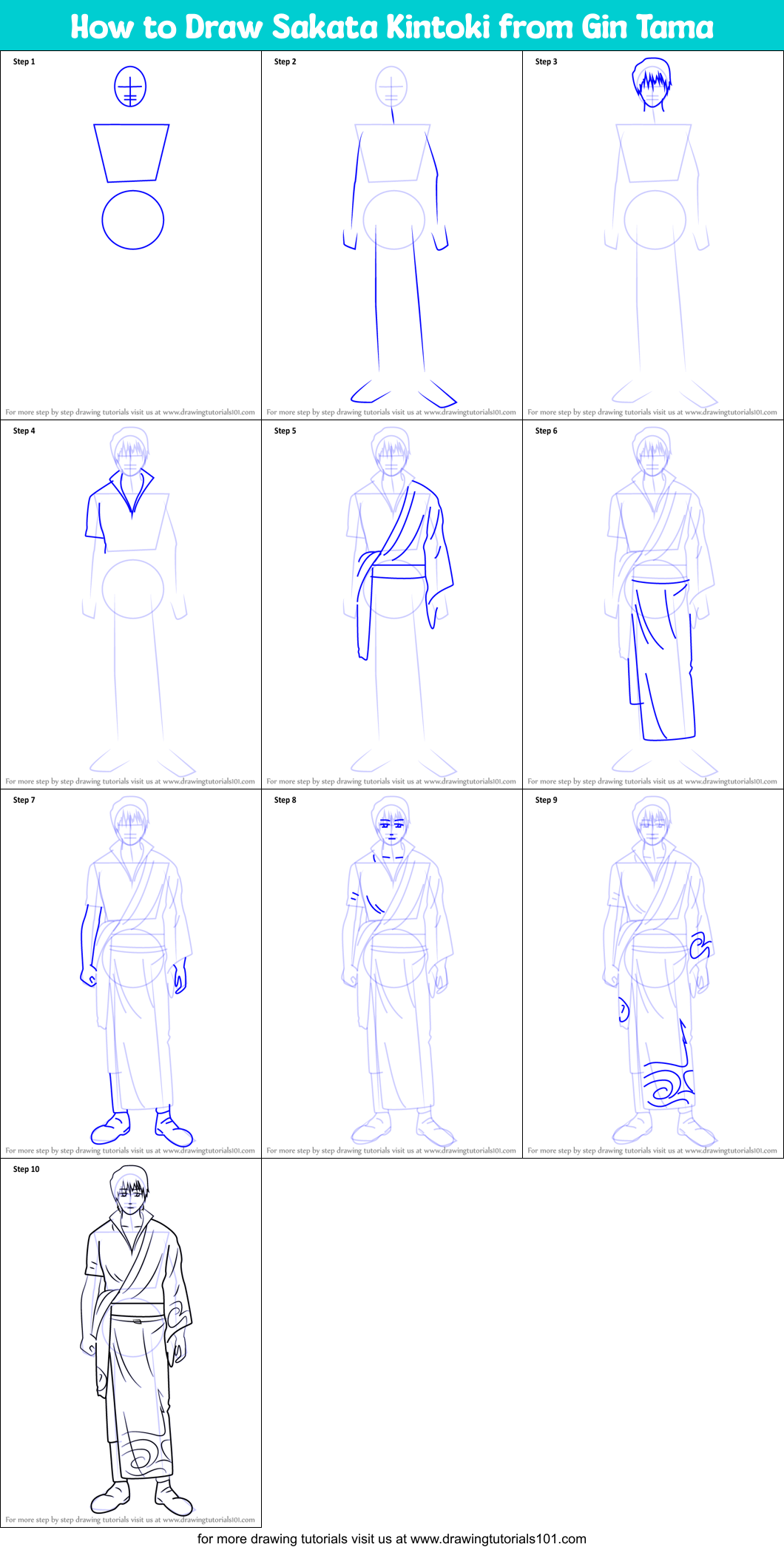 How to Draw Sakata Kintoki from Gin Tama Printable Step by Step