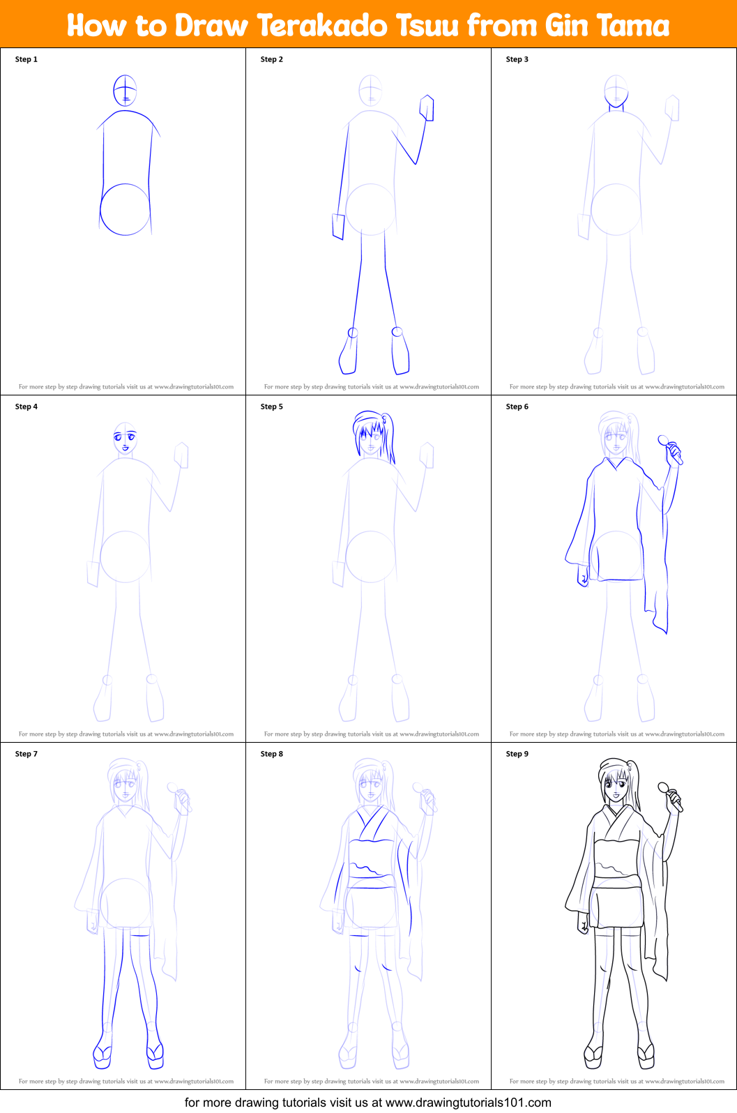 How to Draw Terakado Tsuu from Gin Tama Printable Step by Step