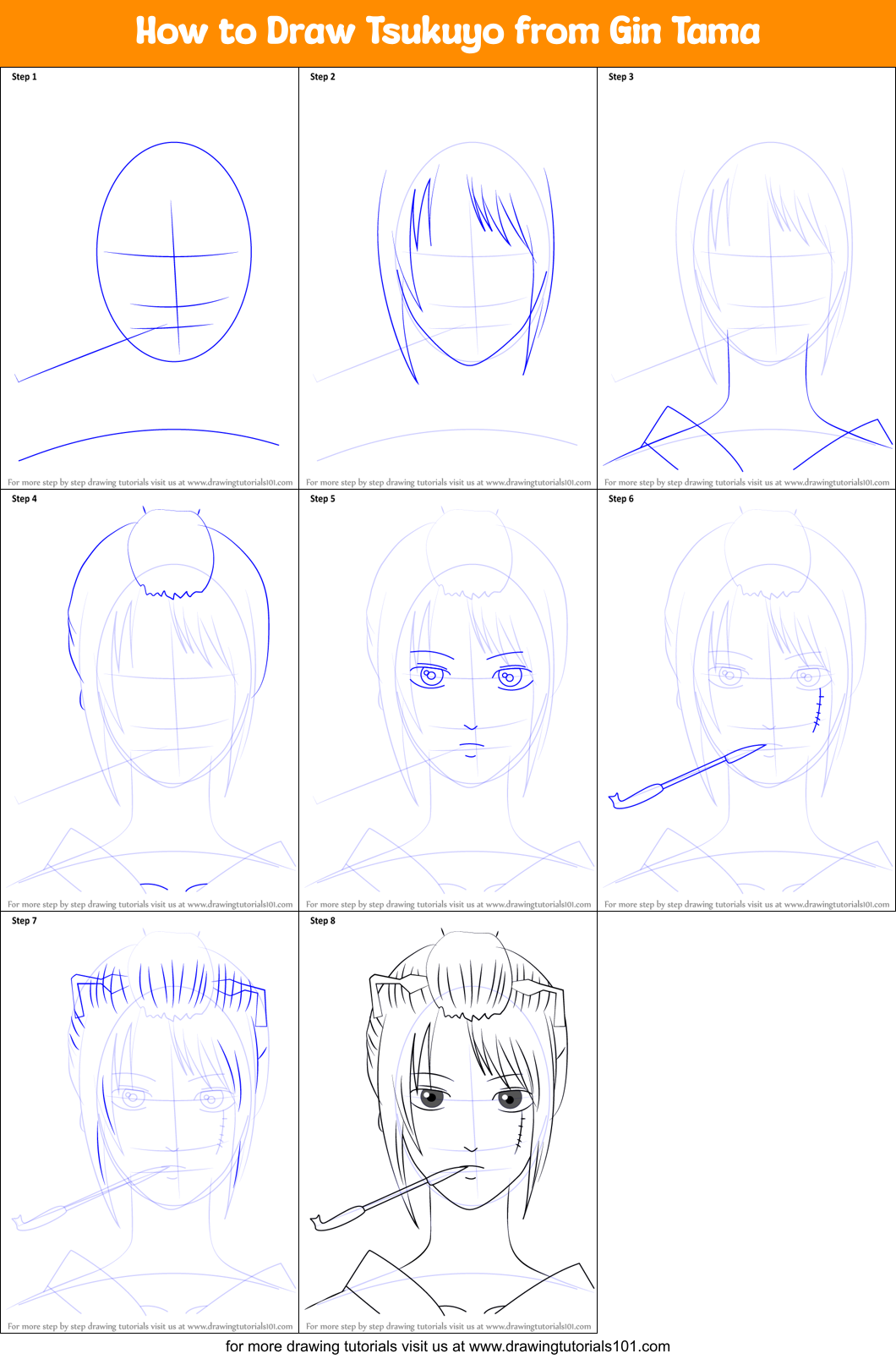 How to Draw Tsukuyo from Gin Tama Printable Step by Step