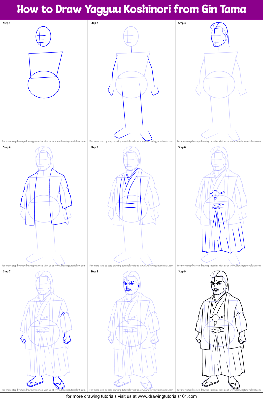How to Draw Yagyuu Koshinori from Gin Tama Printable Step by Step