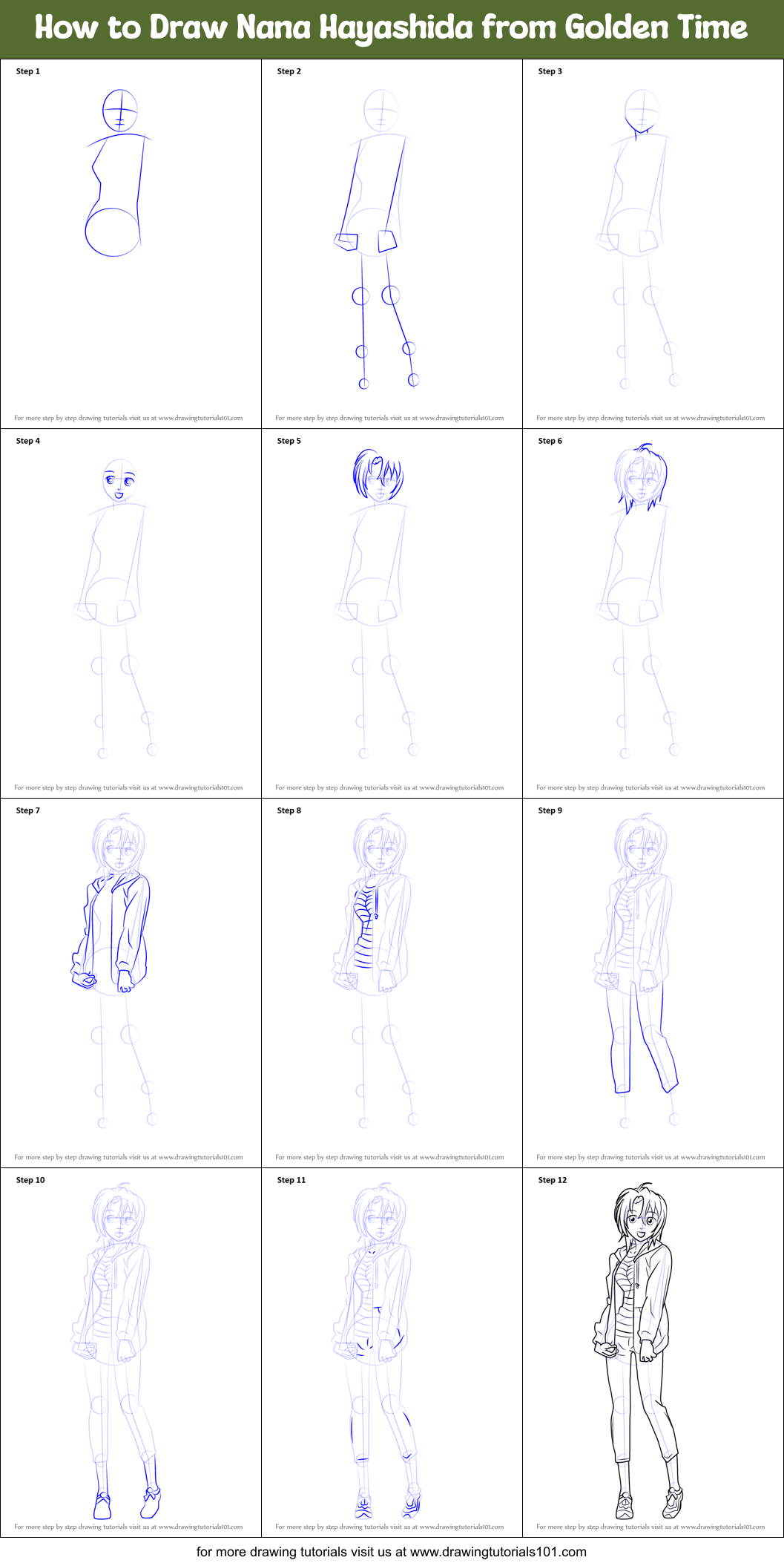 How to Draw Nana Hayashida from Golden Time Printable Step by Step