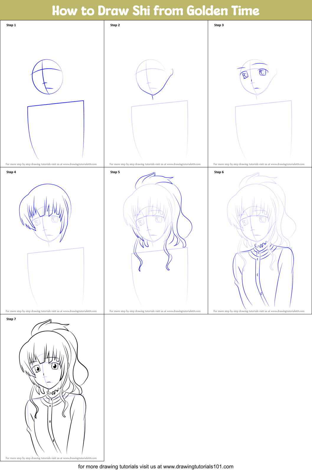 How to Draw Shi from Golden Time Printable Step by Step